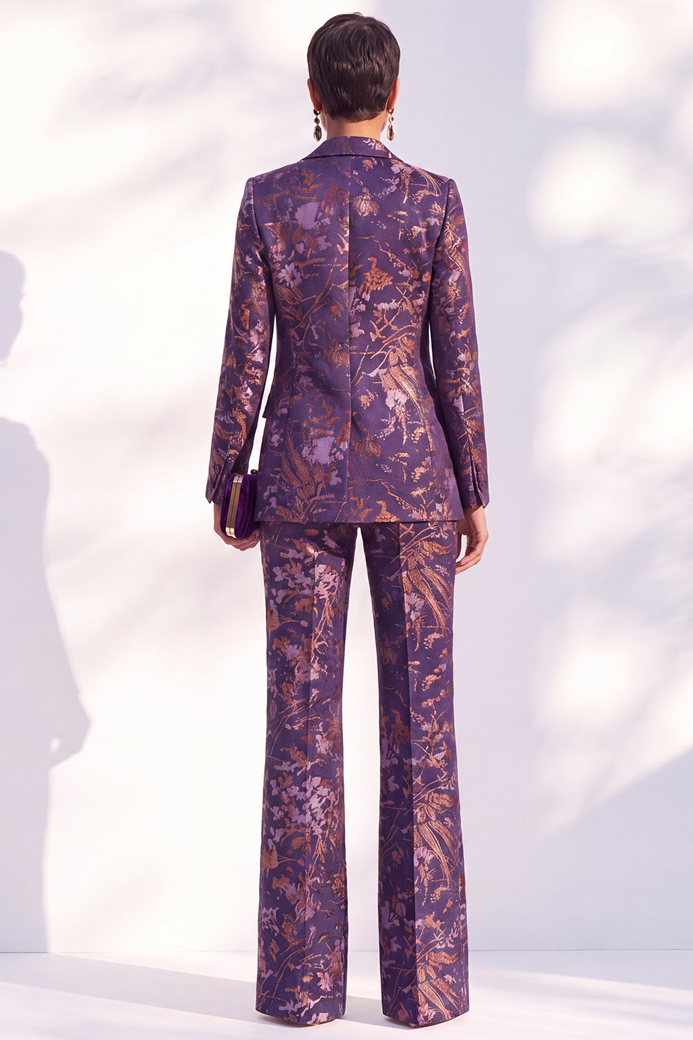 Blue Floral Print Notched Lapel Long Women's Suits