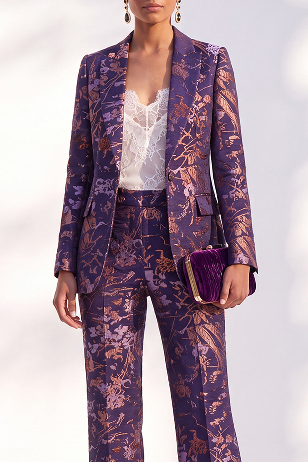 Blue Floral Print Notched Lapel Long Women's Suits