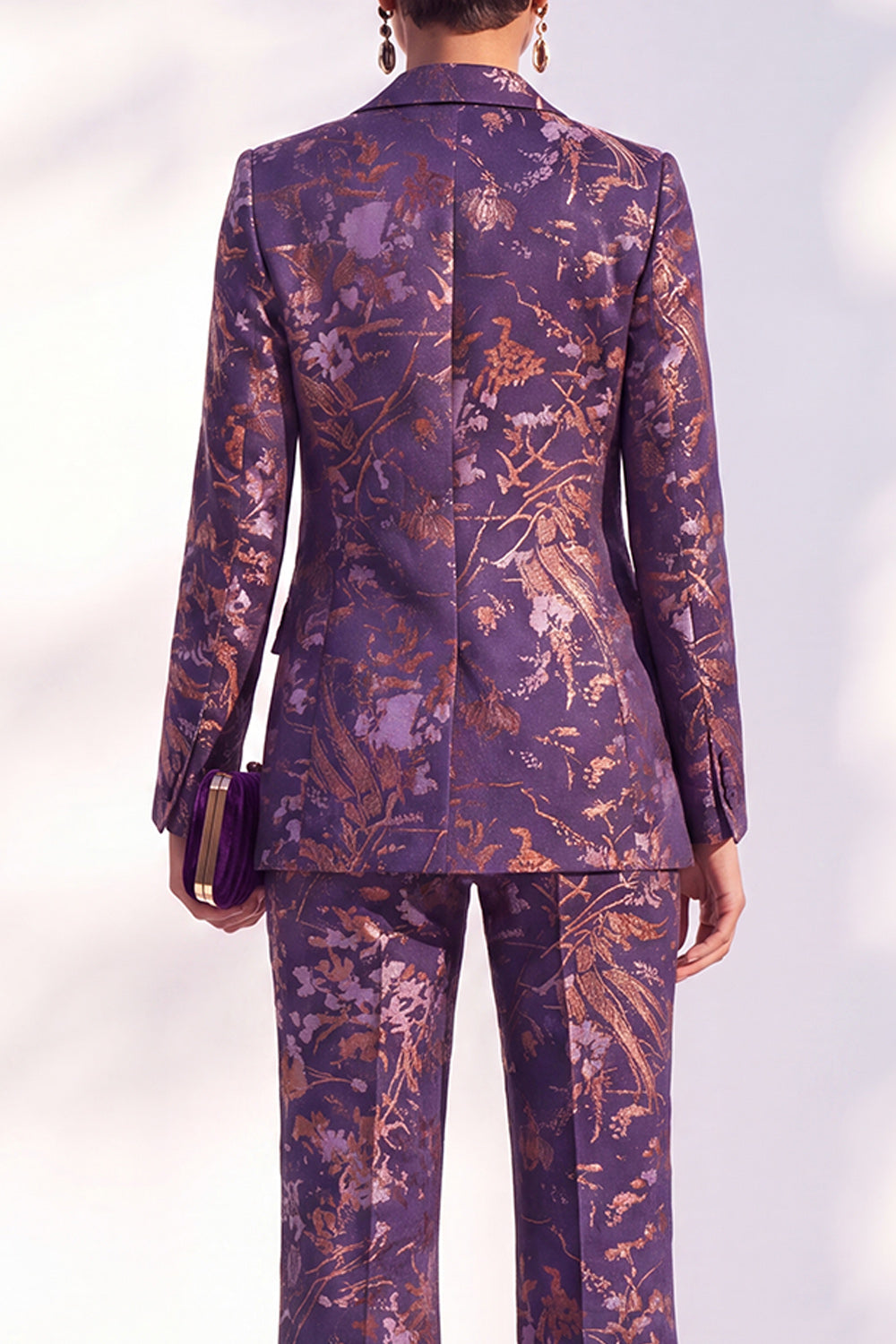 Blue Floral Print Notched Lapel Long Women's Suits