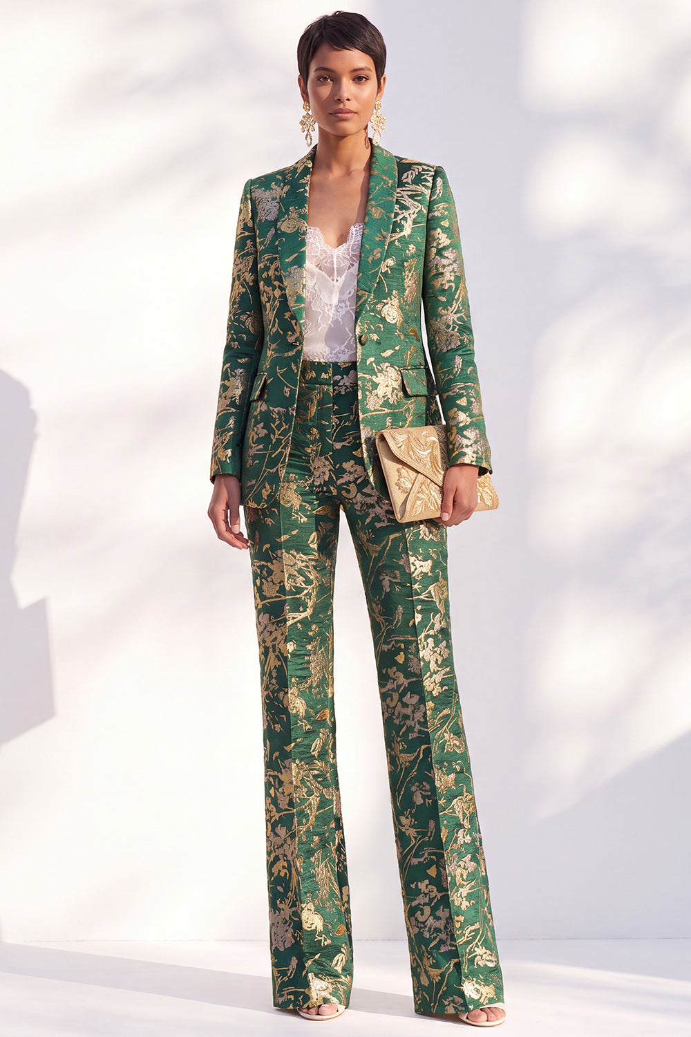Blue Floral Print Notched Lapel Long Women's Suits