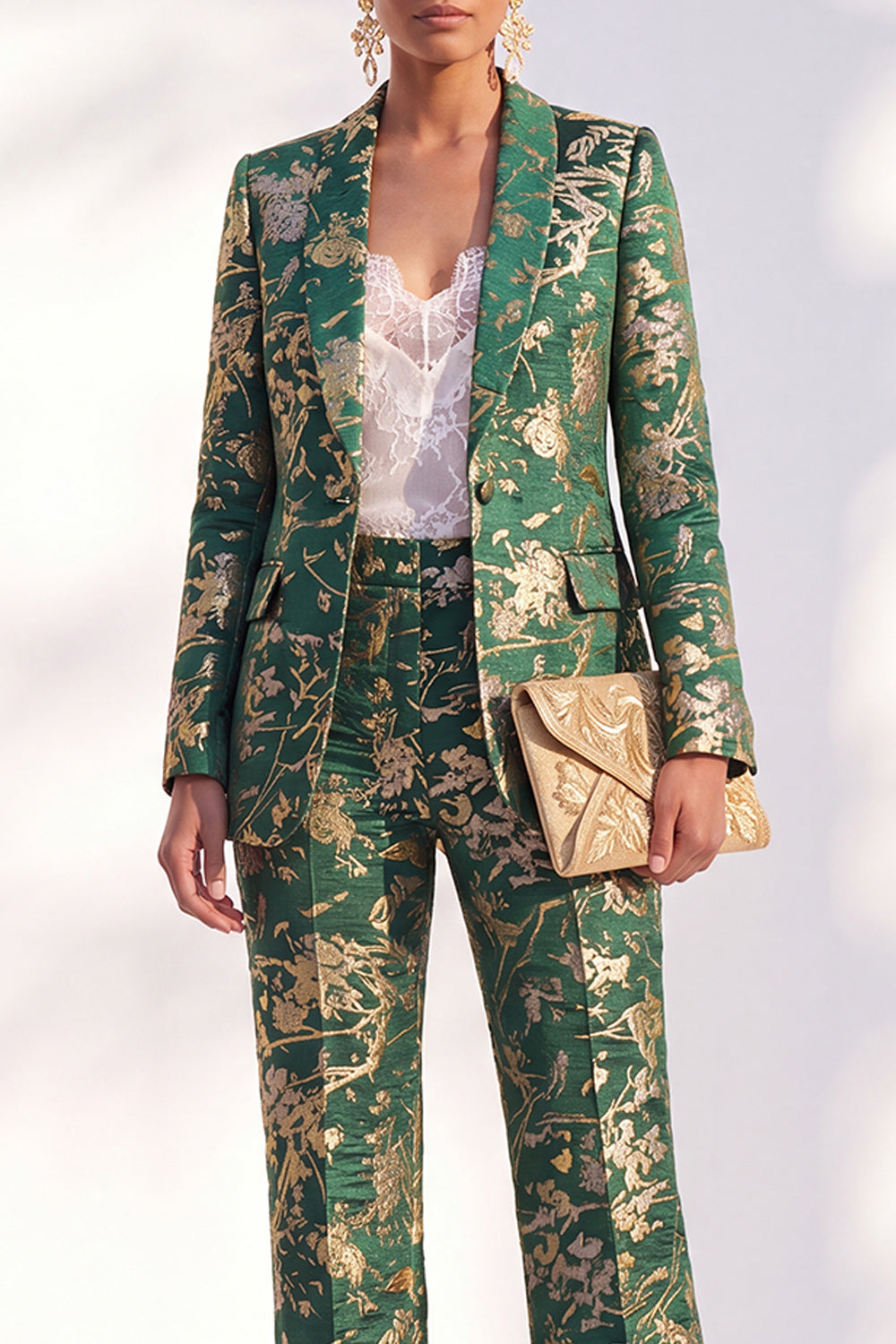 Blue Floral Print Notched Lapel Long Women's Suits
