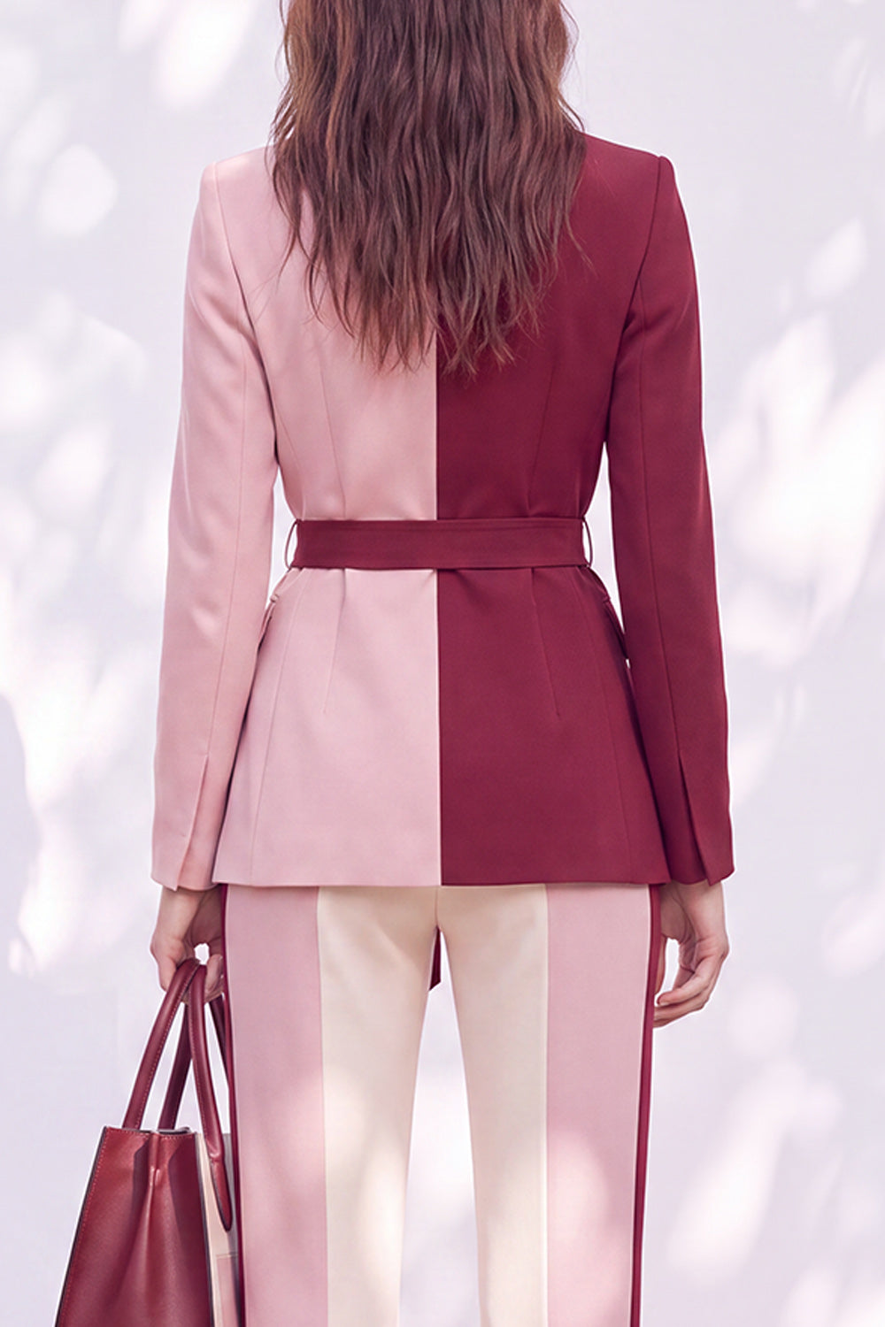 Pink Burgundy Two-Piece Peak Lapel Belted Women's Suit