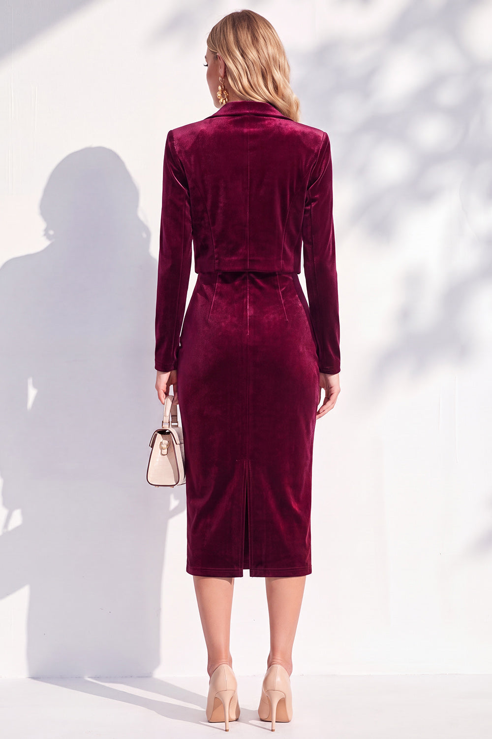 Burgundy Velvet Bodycon Notched Lapel Long Sleeves Midi Women Suits