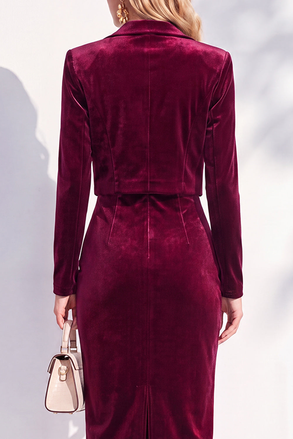 Burgundy Velvet Bodycon Notched Lapel Long Sleeves Midi Women Suits