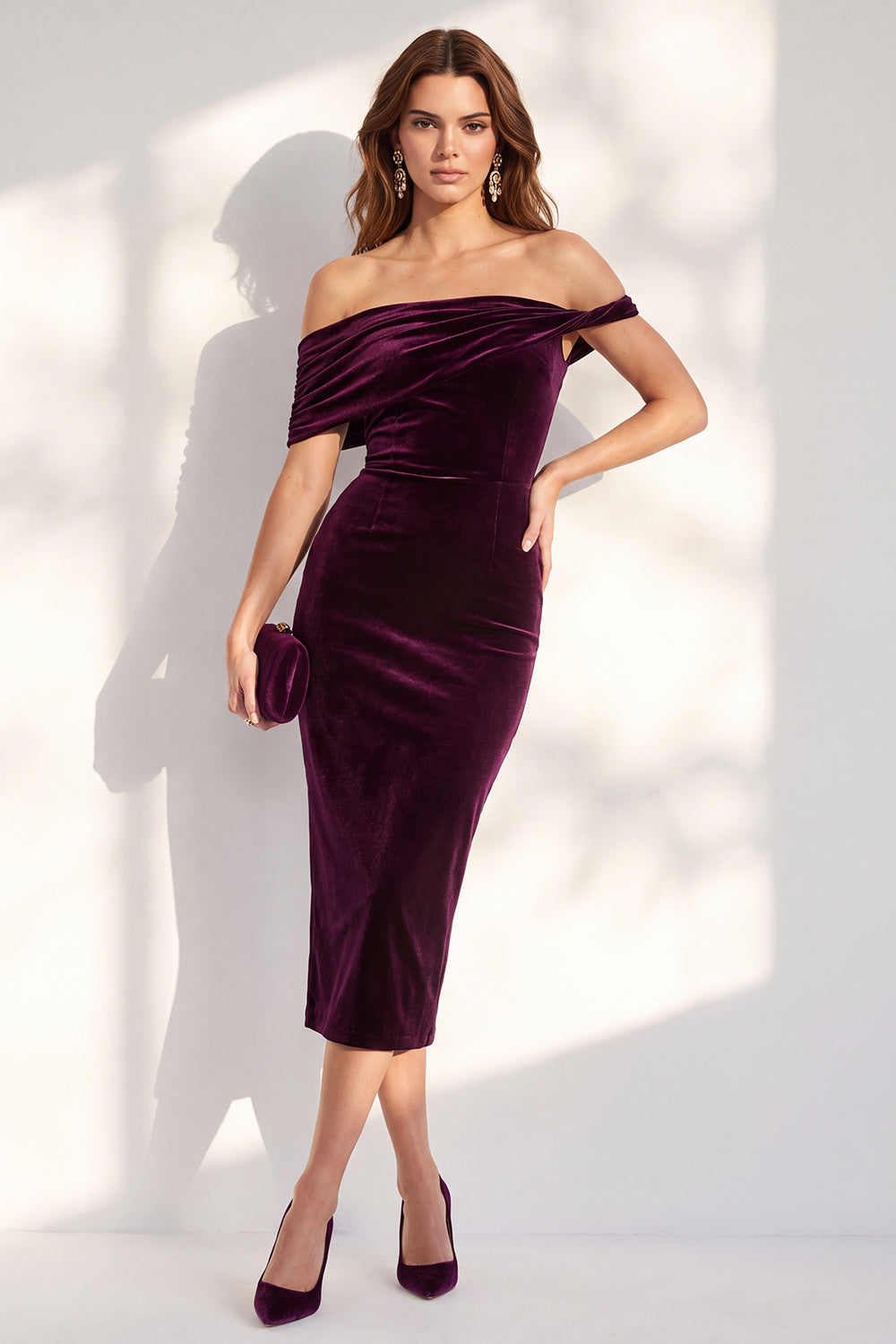 Burgundy Bodycon Off-the-Shoulder Midi Velvet Cocktail Dress