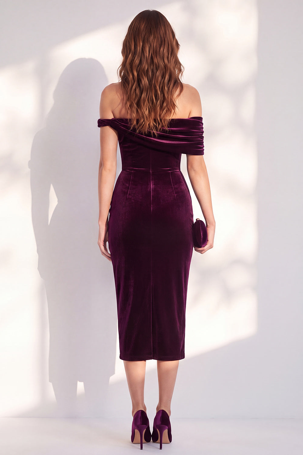 Burgundy Bodycon Off-the-Shoulder Midi Velvet Cocktail Dress