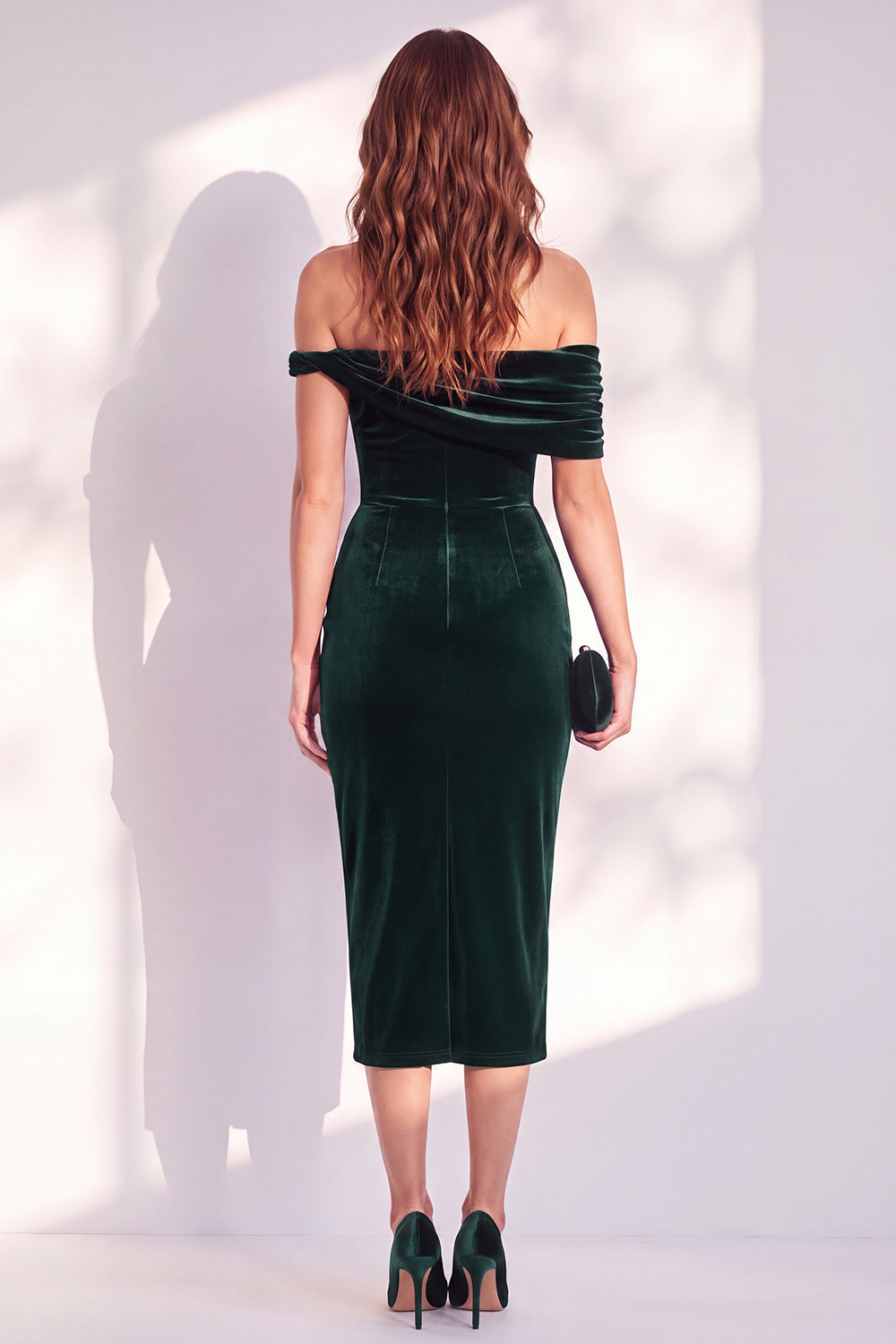 Burgundy Bodycon Off-the-Shoulder Midi Velvet Cocktail Dress