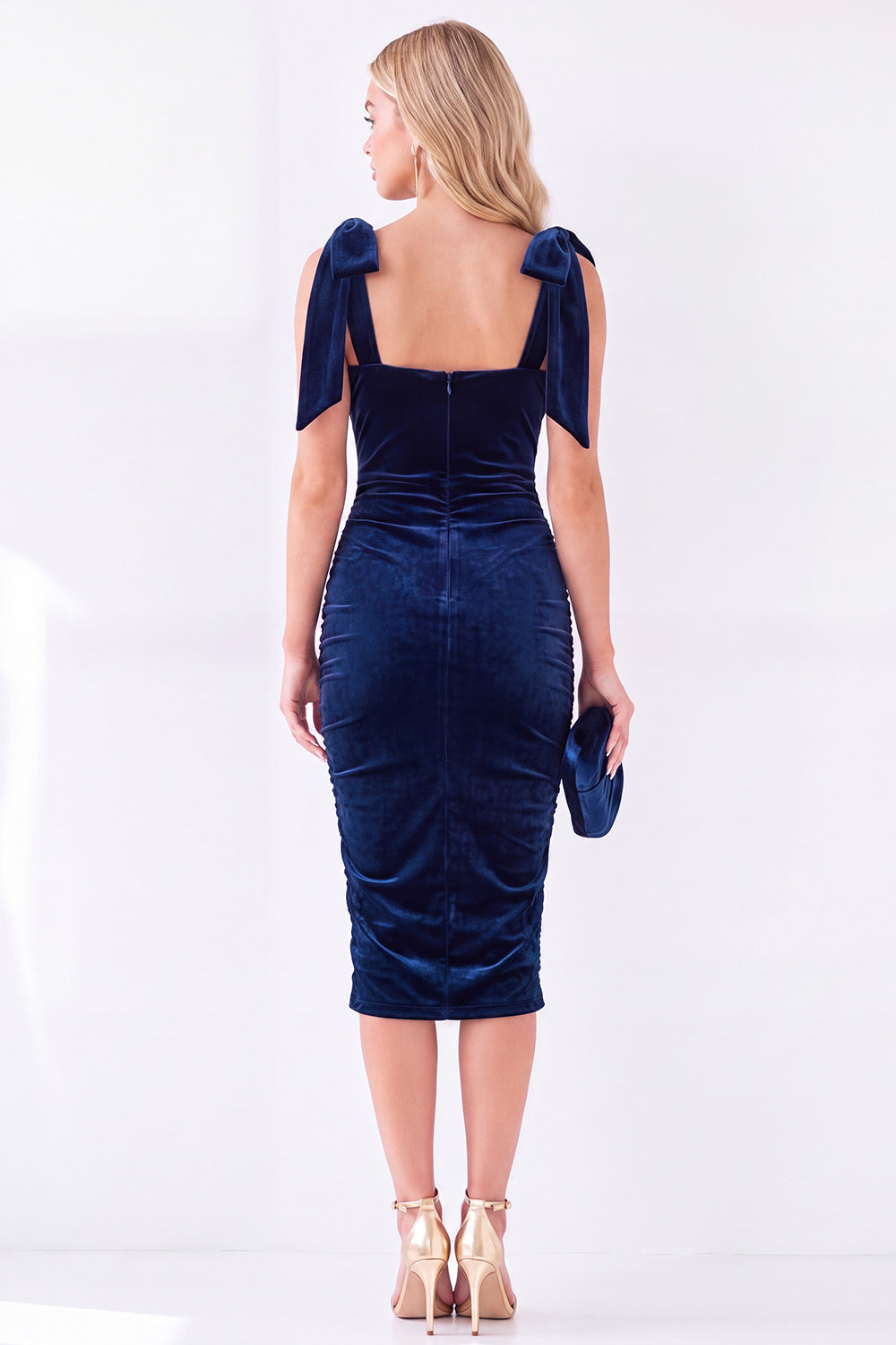 Dark Blue Bodycon Square Neck Bow-Strap Ruched Midi Velvet Dress