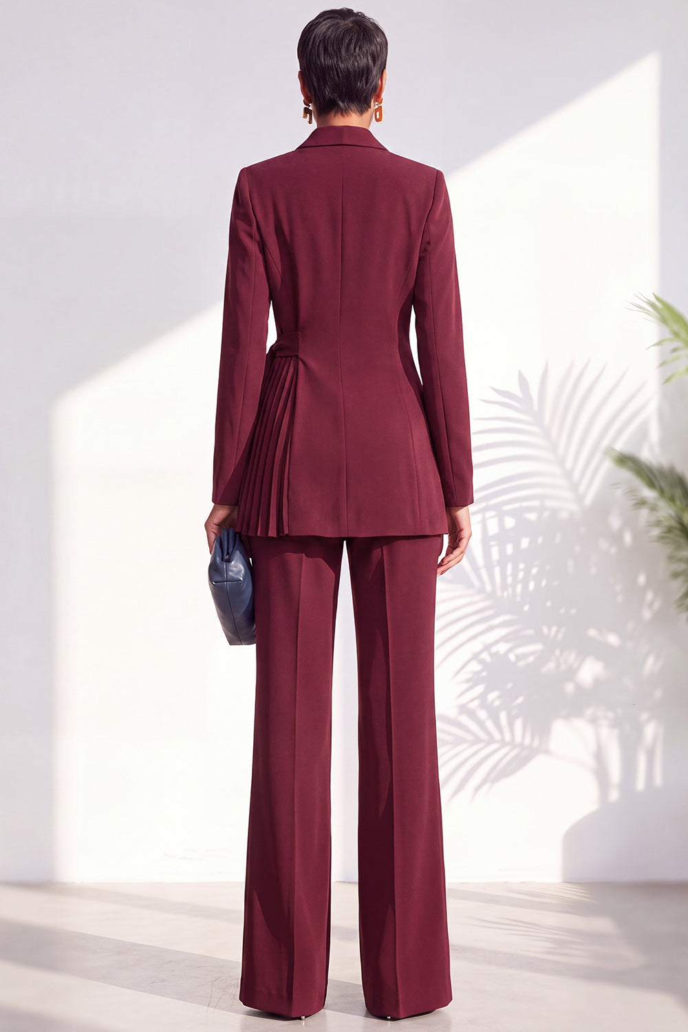 Burgundy Two Piece Shawl Lapel Pleated Long Women Suits