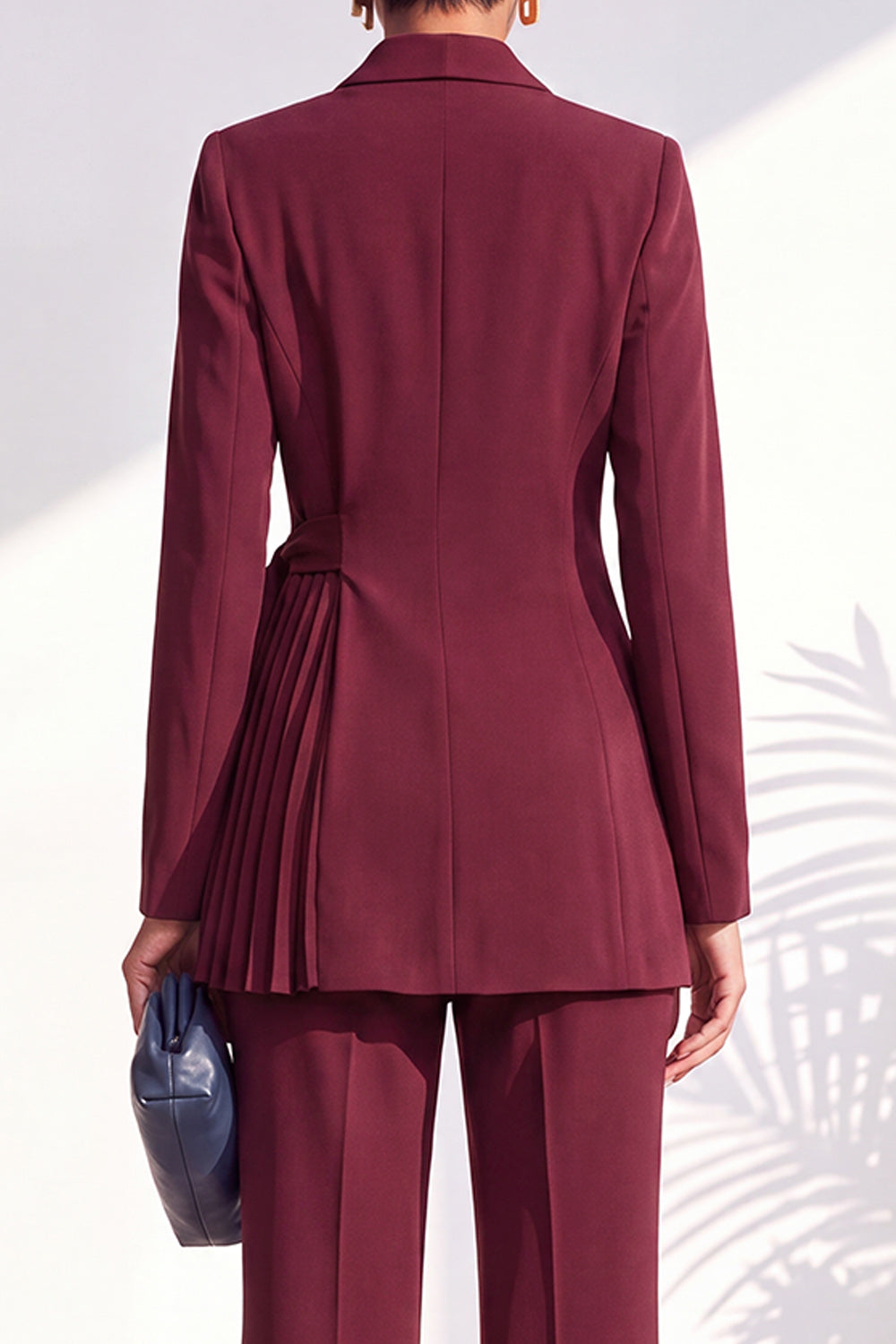 Burgundy Two Piece Shawl Lapel Pleated Long Women Suits