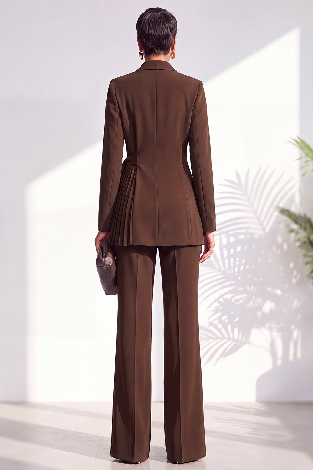 Burgundy Two Piece Shawl Lapel Pleated Long Women Suits