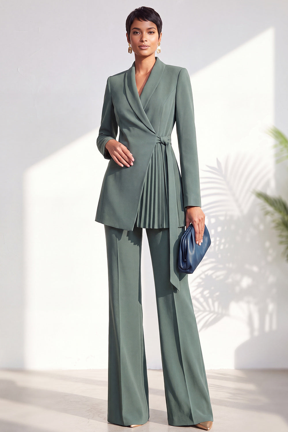 Burgundy Two Piece Shawl Lapel Pleated Long Women Suits