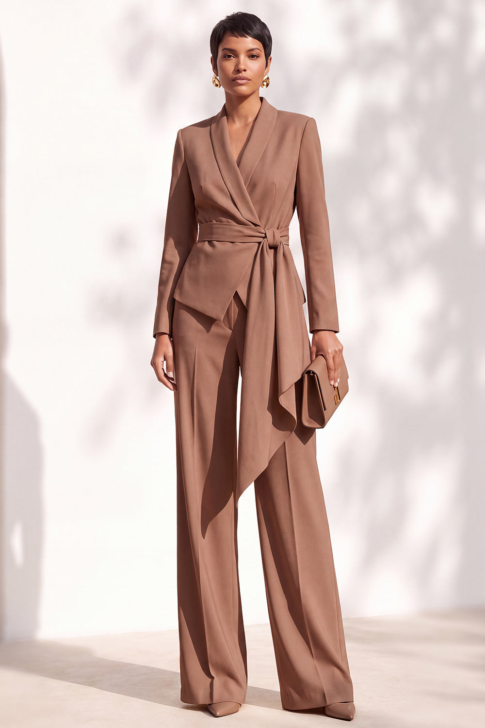 Brown Pantsuits Shawl Lapel Long Sleeves Sash Women Suits
