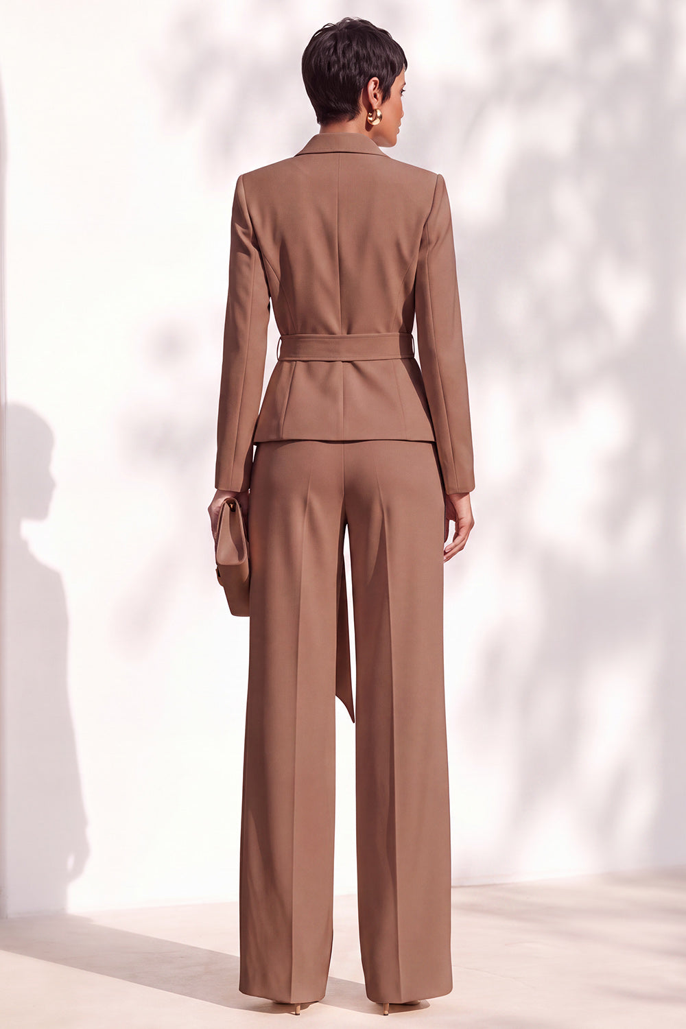 Brown Pantsuits Shawl Lapel Long Sleeves Sash Women Suits