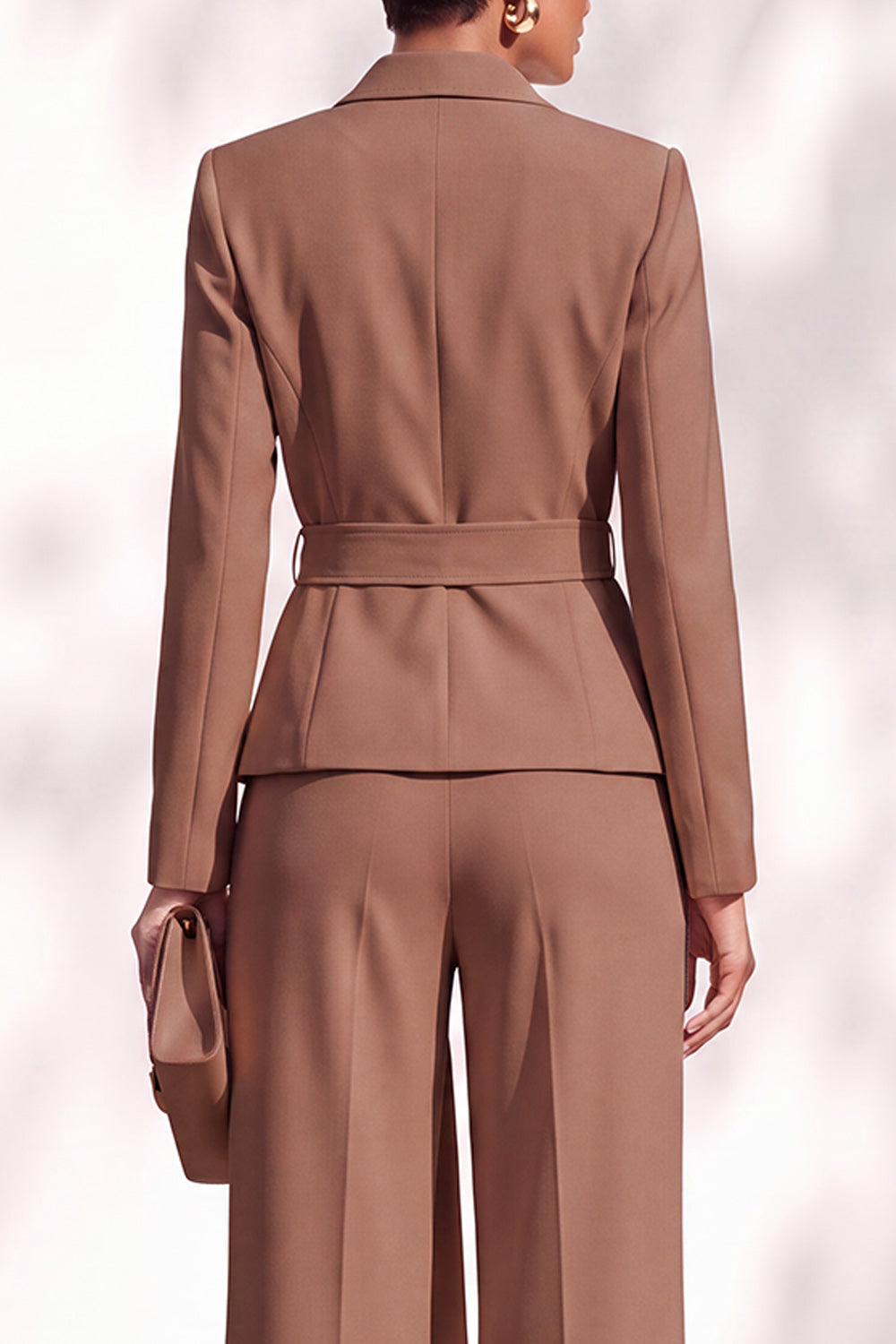 Brown Pantsuits Shawl Lapel Long Sleeves Sash Women Suits