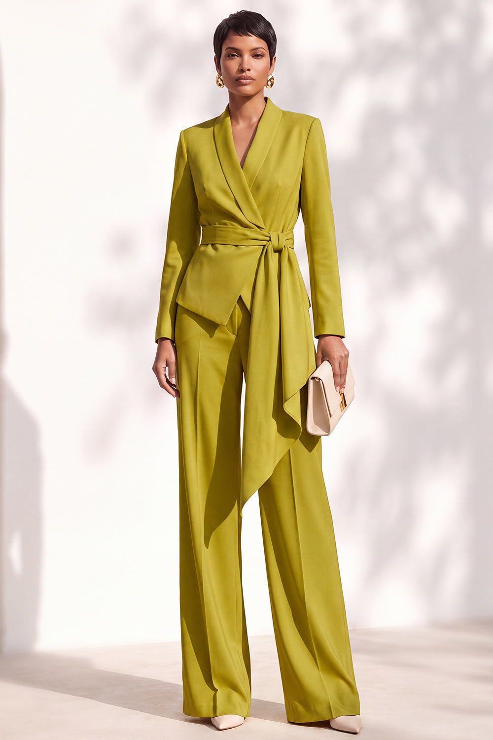Brown Pantsuits Shawl Lapel Long Sleeves Sash Women Suits