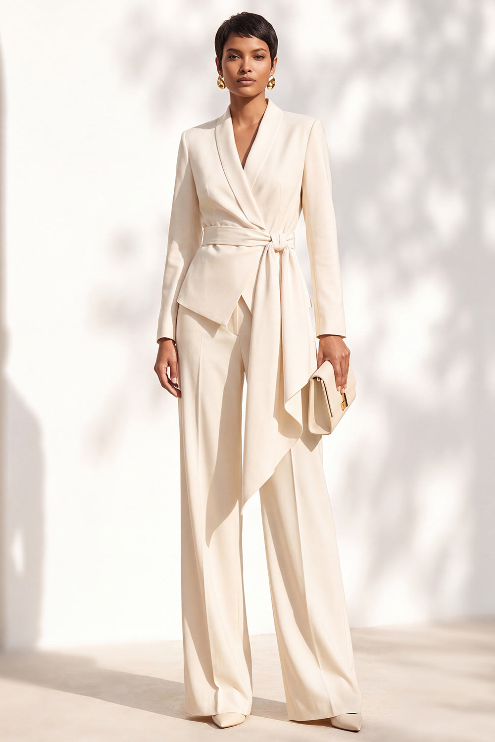 Brown Pantsuits Shawl Lapel Long Sleeves Sash Women Suits