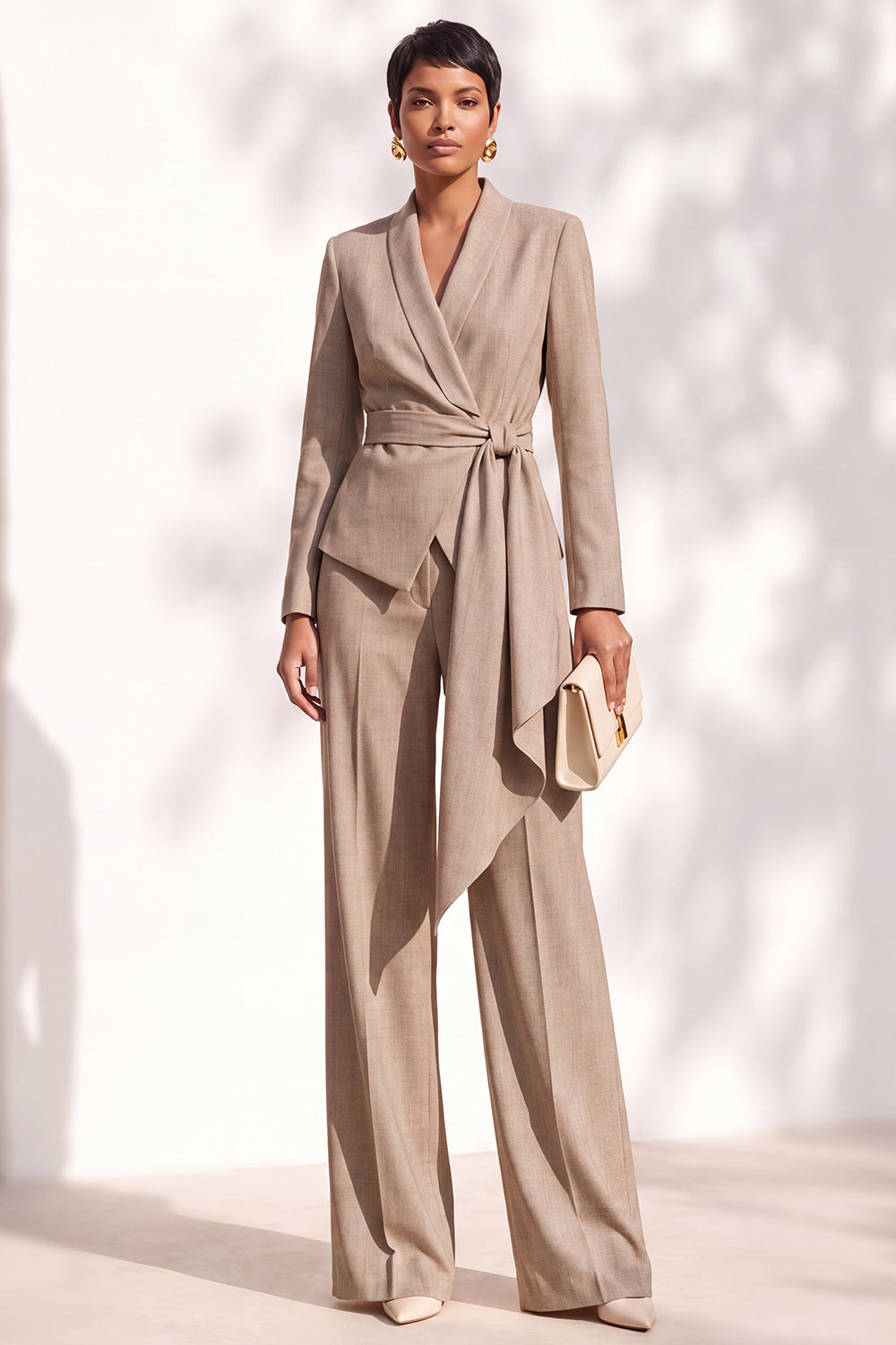 Brown Pantsuits Shawl Lapel Long Sleeves Sash Women Suits