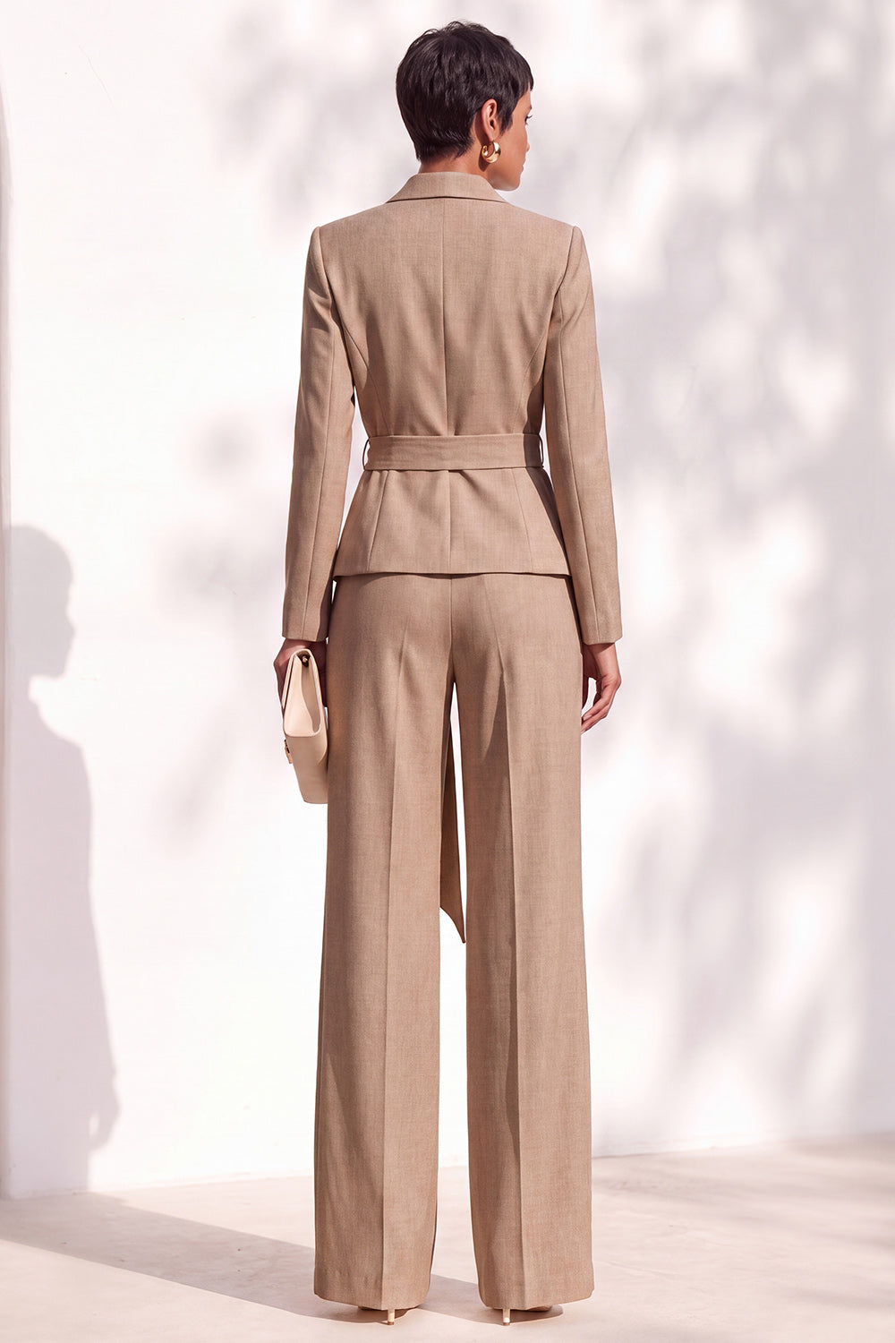 Brown Pantsuits Shawl Lapel Long Sleeves Sash Women Suits