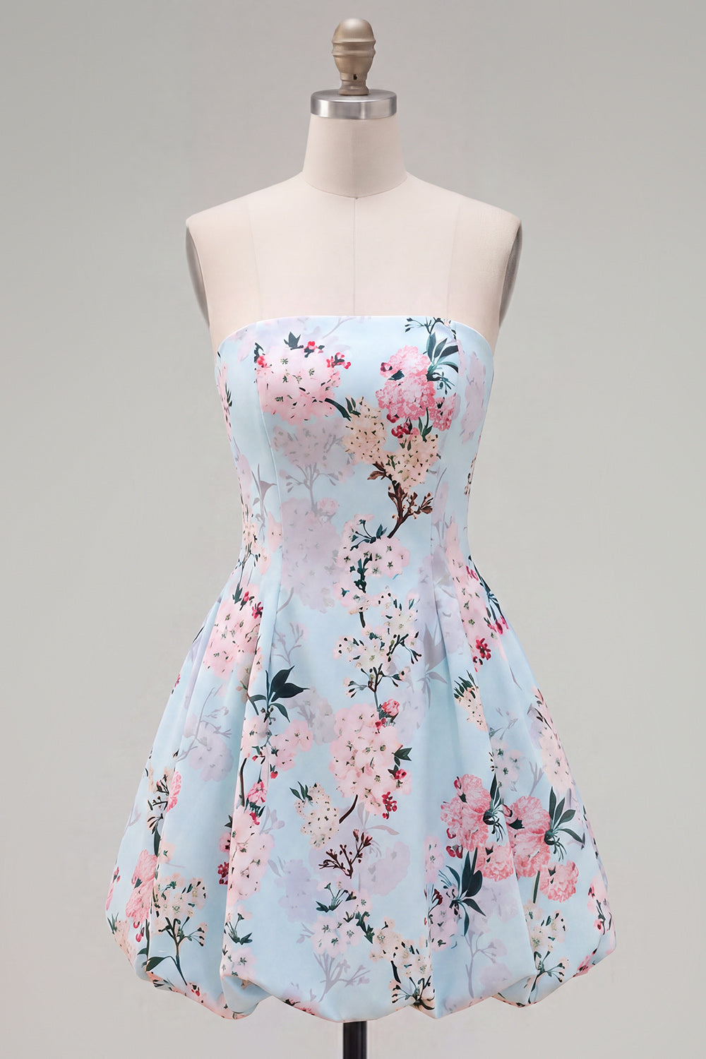 Pink Satin Strapless A-Line Floral Homecoming Dress with Lace Up Back