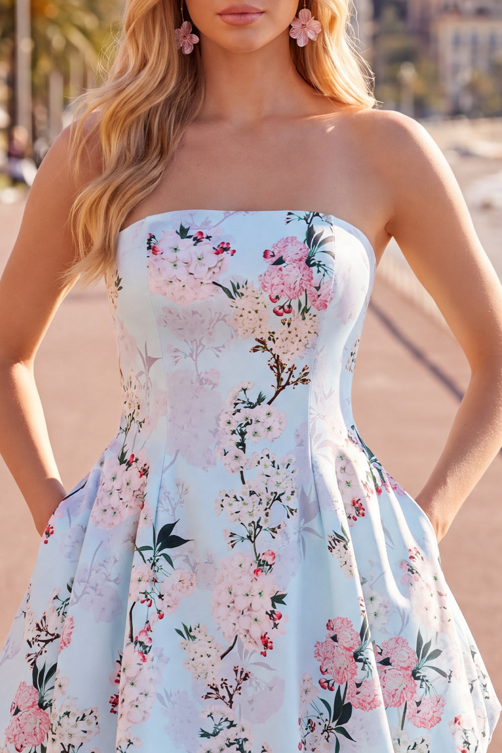Pink Satin Strapless A-Line Floral Homecoming Dress with Lace Up Back