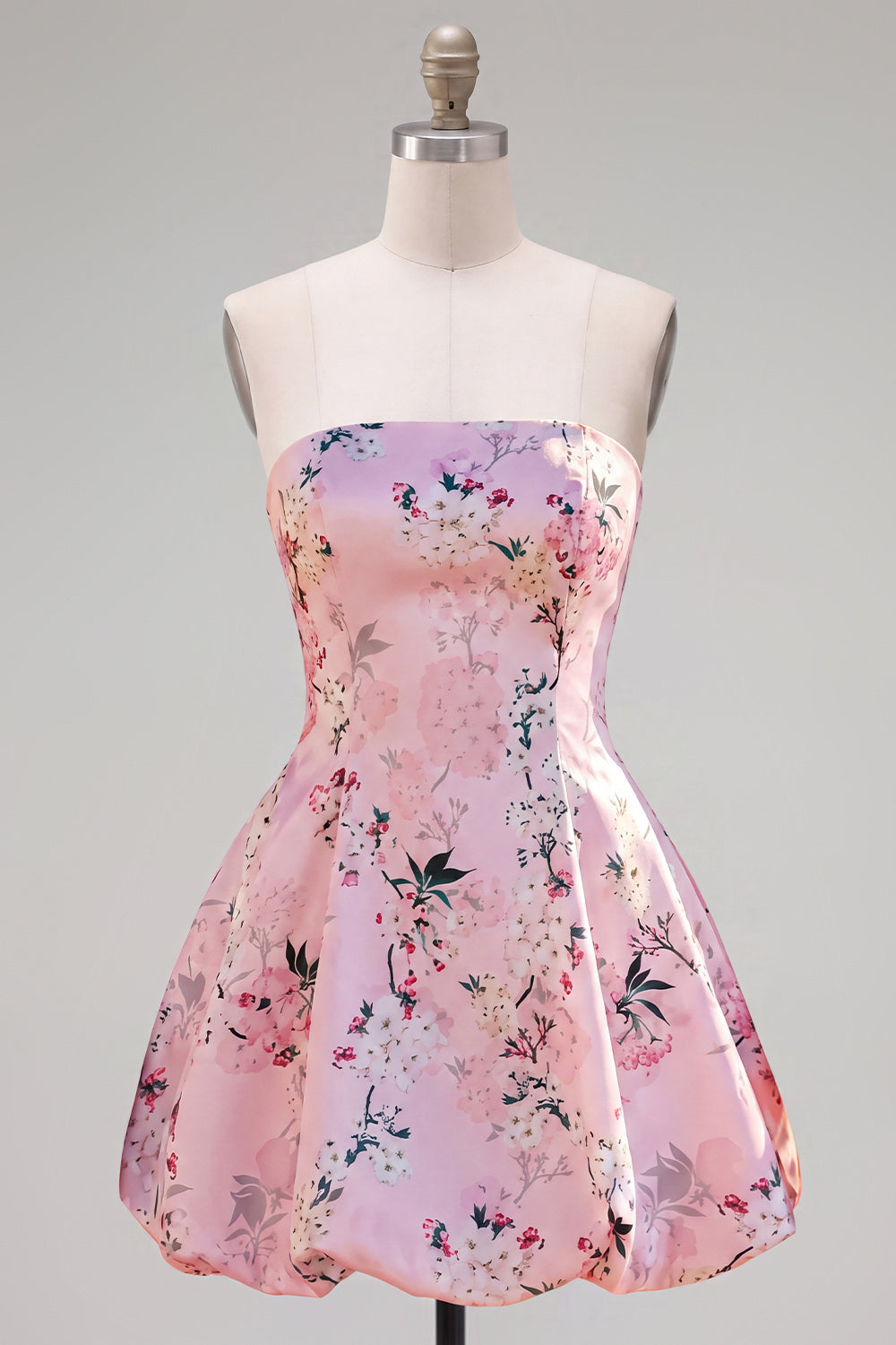 Pink Satin Strapless A-Line Floral Homecoming Dress with Lace Up Back