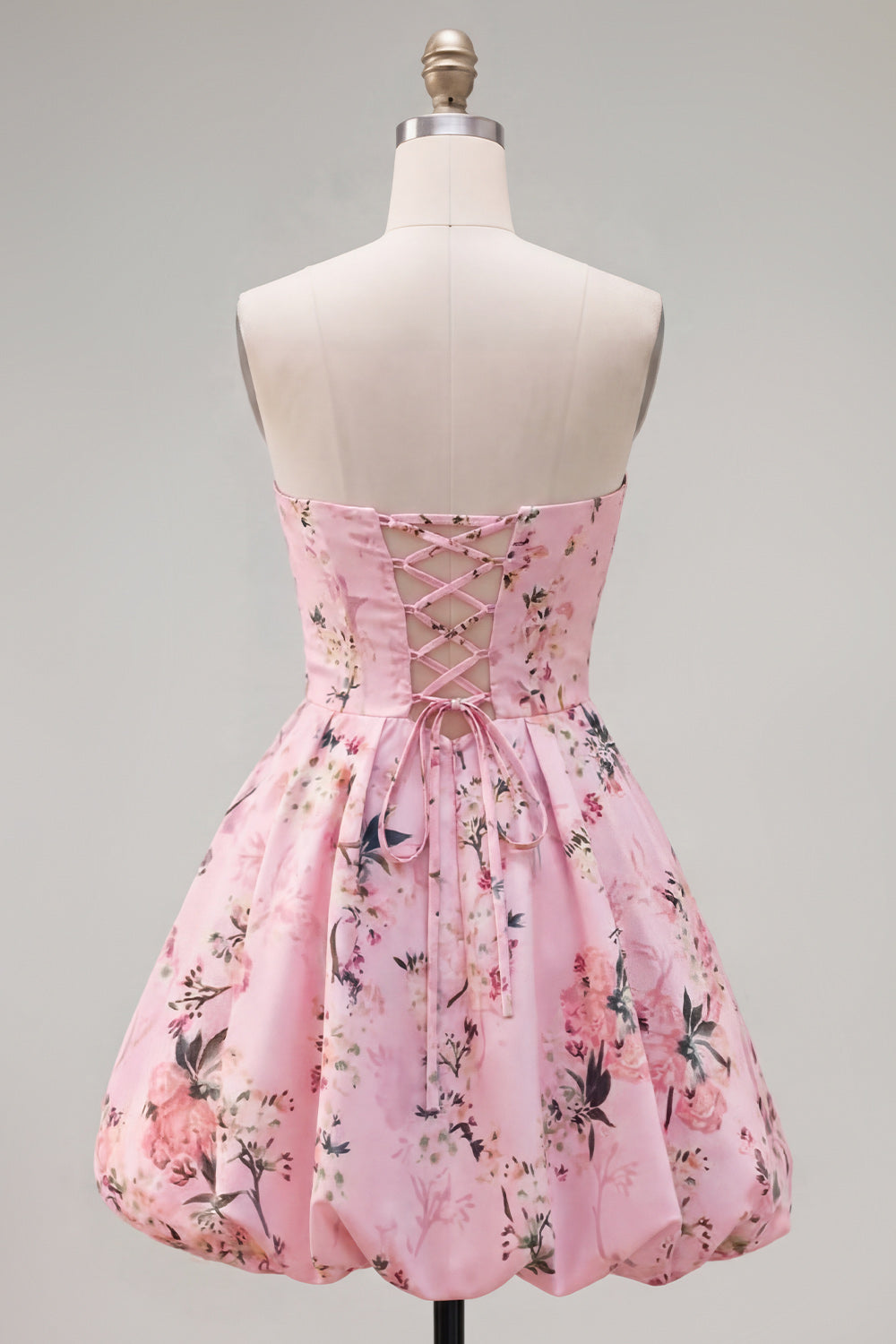 Pink Satin Strapless A-Line Floral Homecoming Dress with Lace Up Back