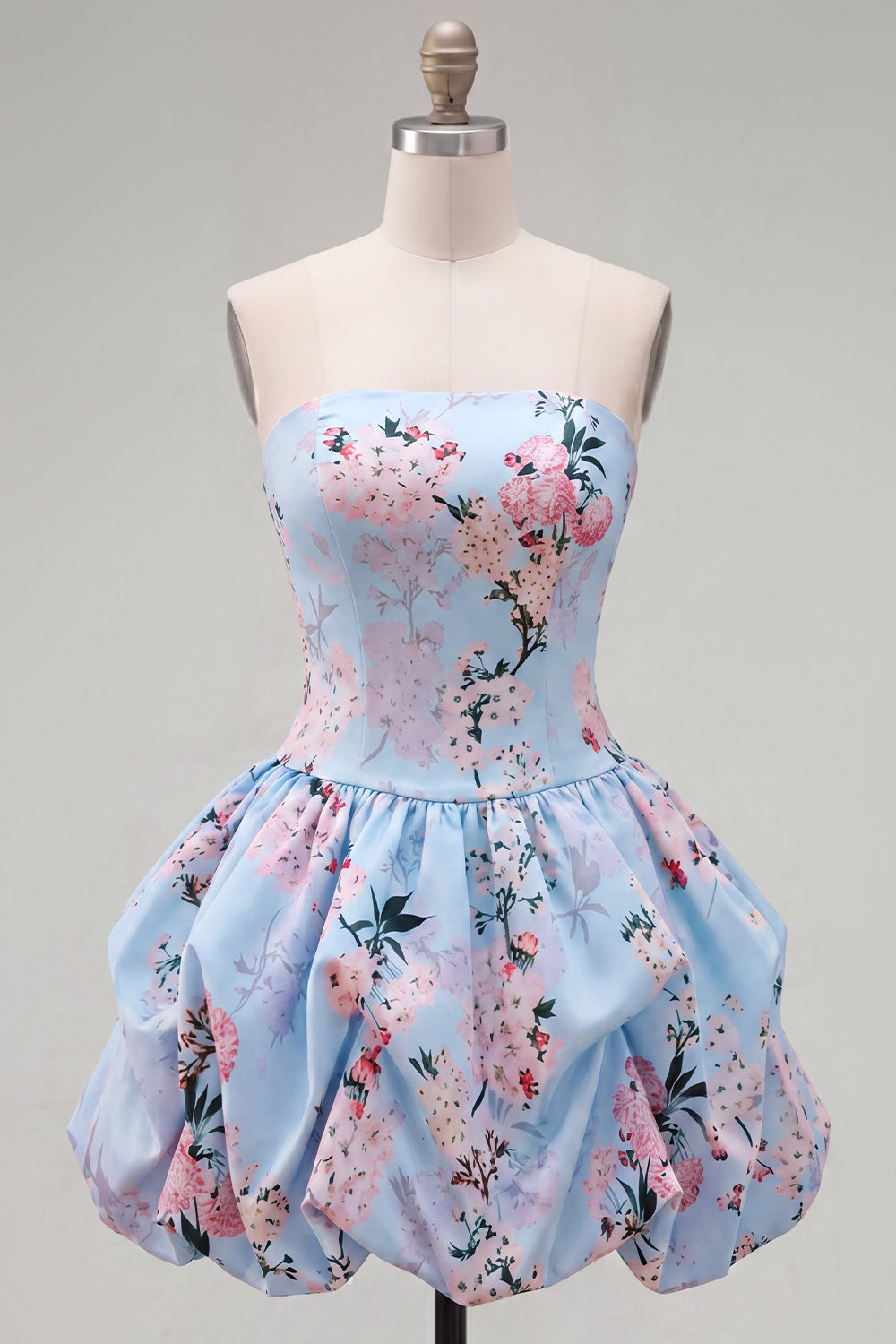 Strapless Blue A-Line Satin Floral Homecoming Dress with Lace Up Back