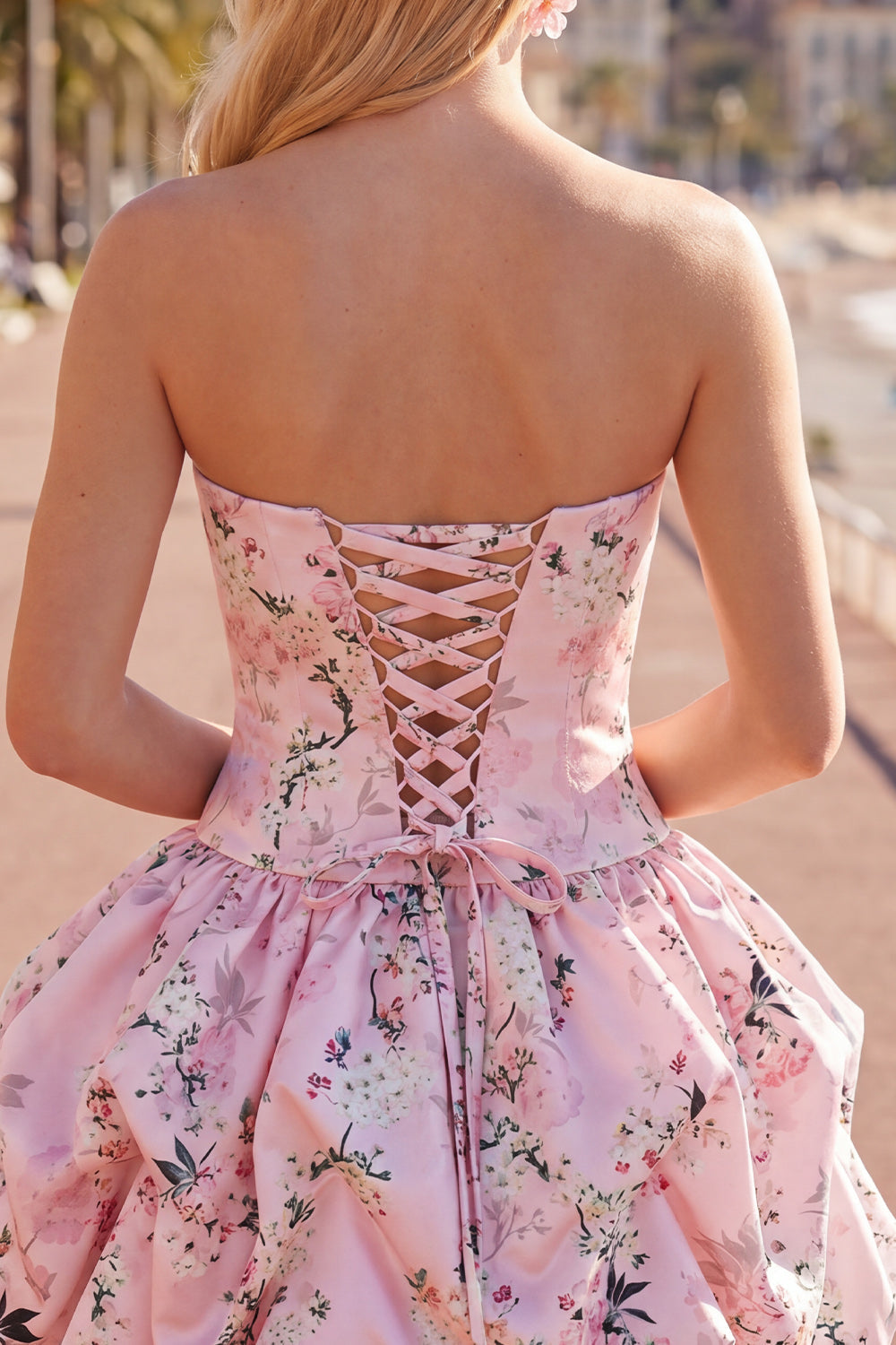 Strapless Blue A-Line Satin Floral Homecoming Dress with Lace Up Back