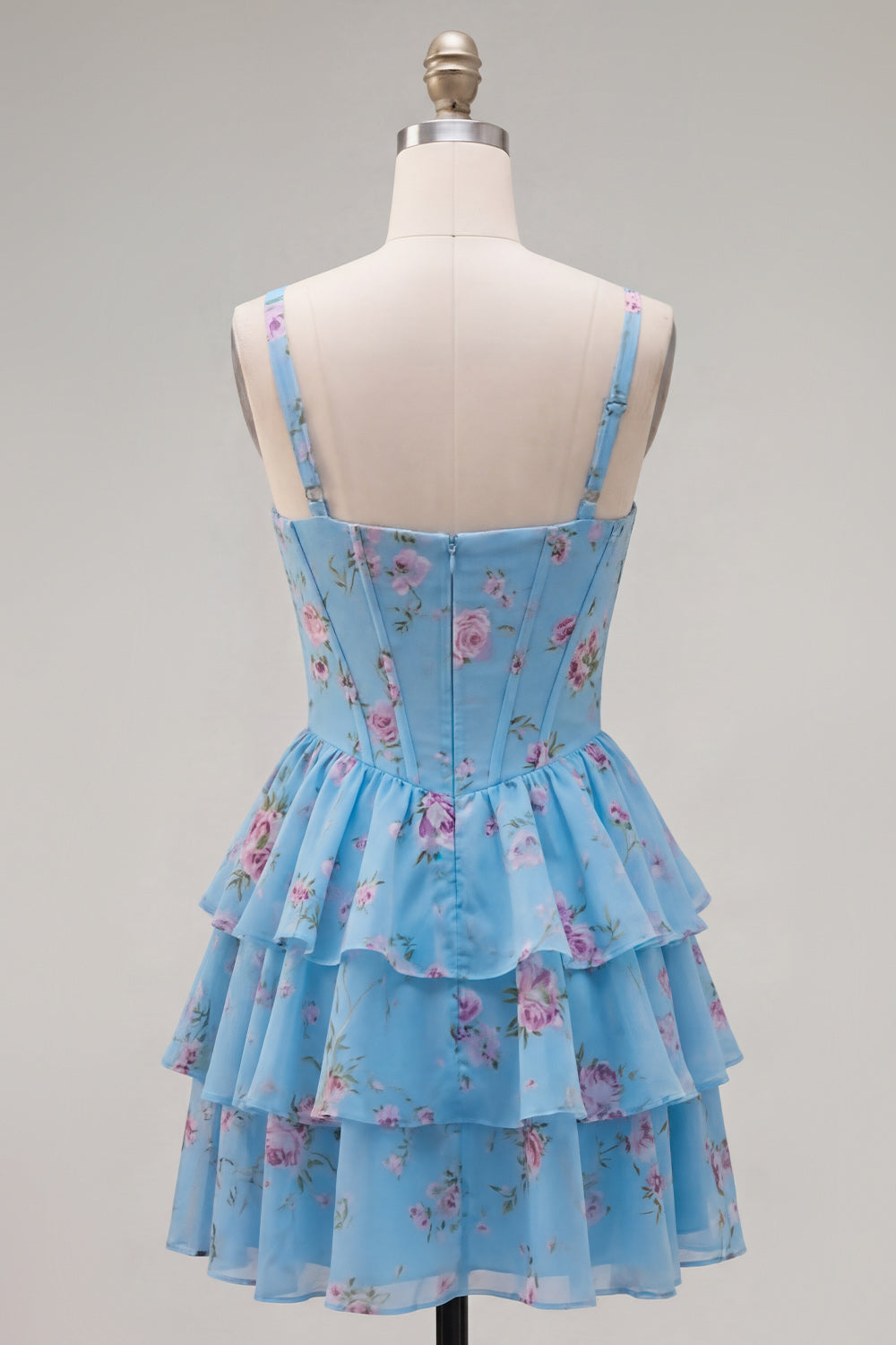 Blue Chiffon Corset Tiered Floral A-Line Square Neck Short Homecoming Dress