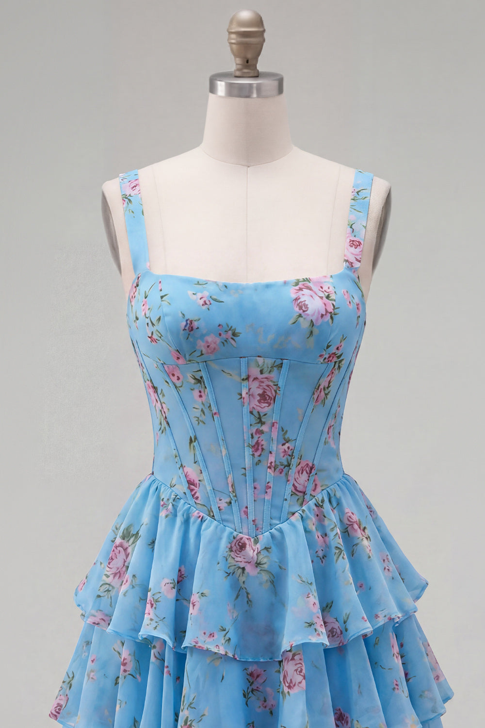 Blue Chiffon Corset Tiered Floral A-Line Square Neck Short Homecoming Dress
