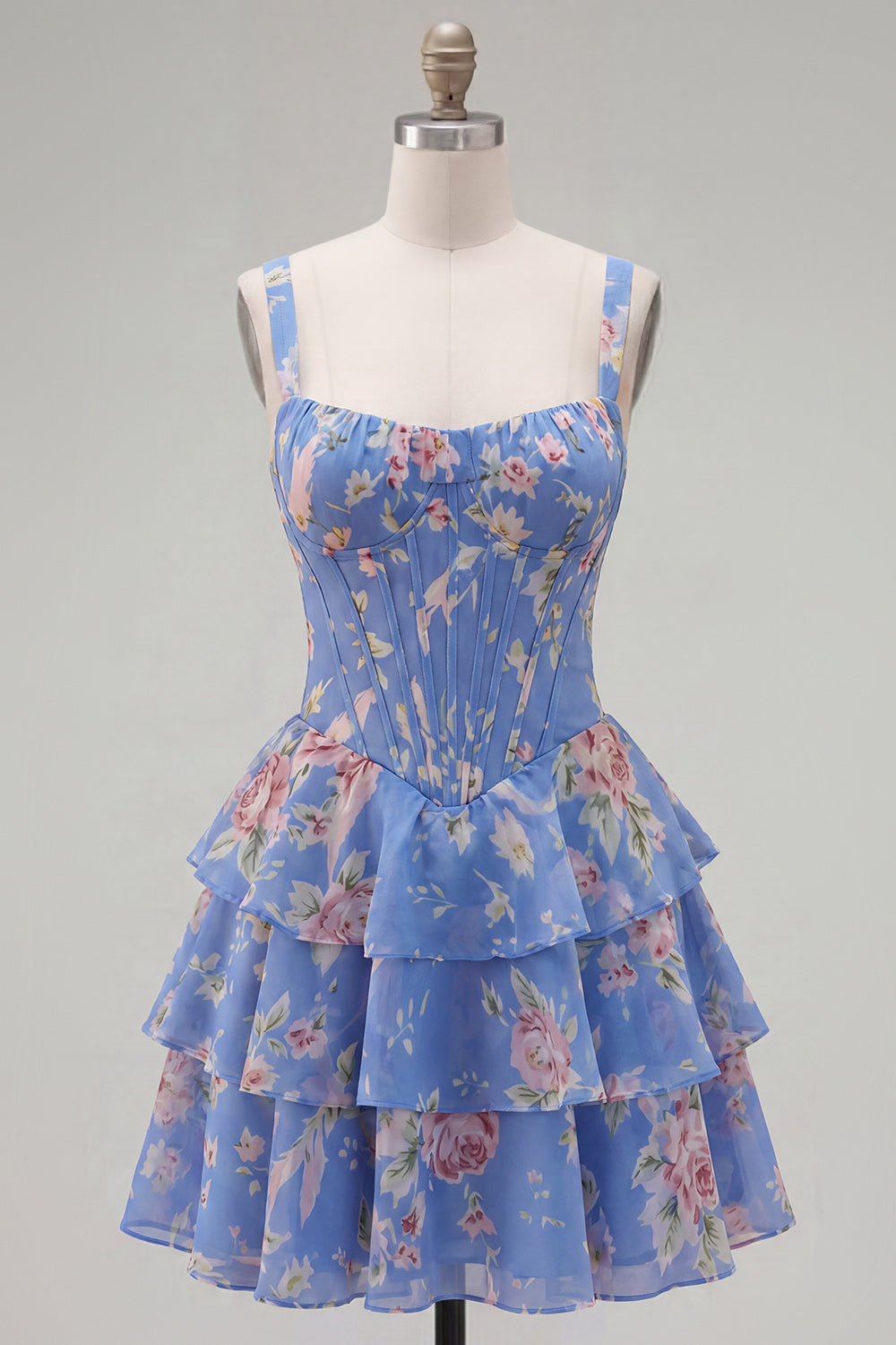 Blue Chiffon Corset Tiered Floral A-Line Square Neck Short Homecoming Dress