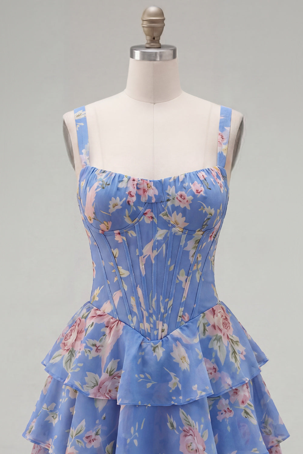 Blue Chiffon Corset Tiered Floral A-Line Square Neck Short Homecoming Dress
