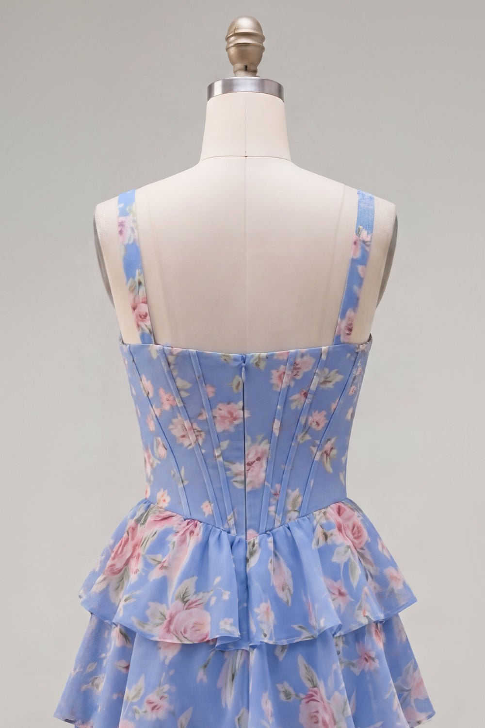Blue Chiffon Corset Tiered Floral A-Line Square Neck Short Homecoming Dress