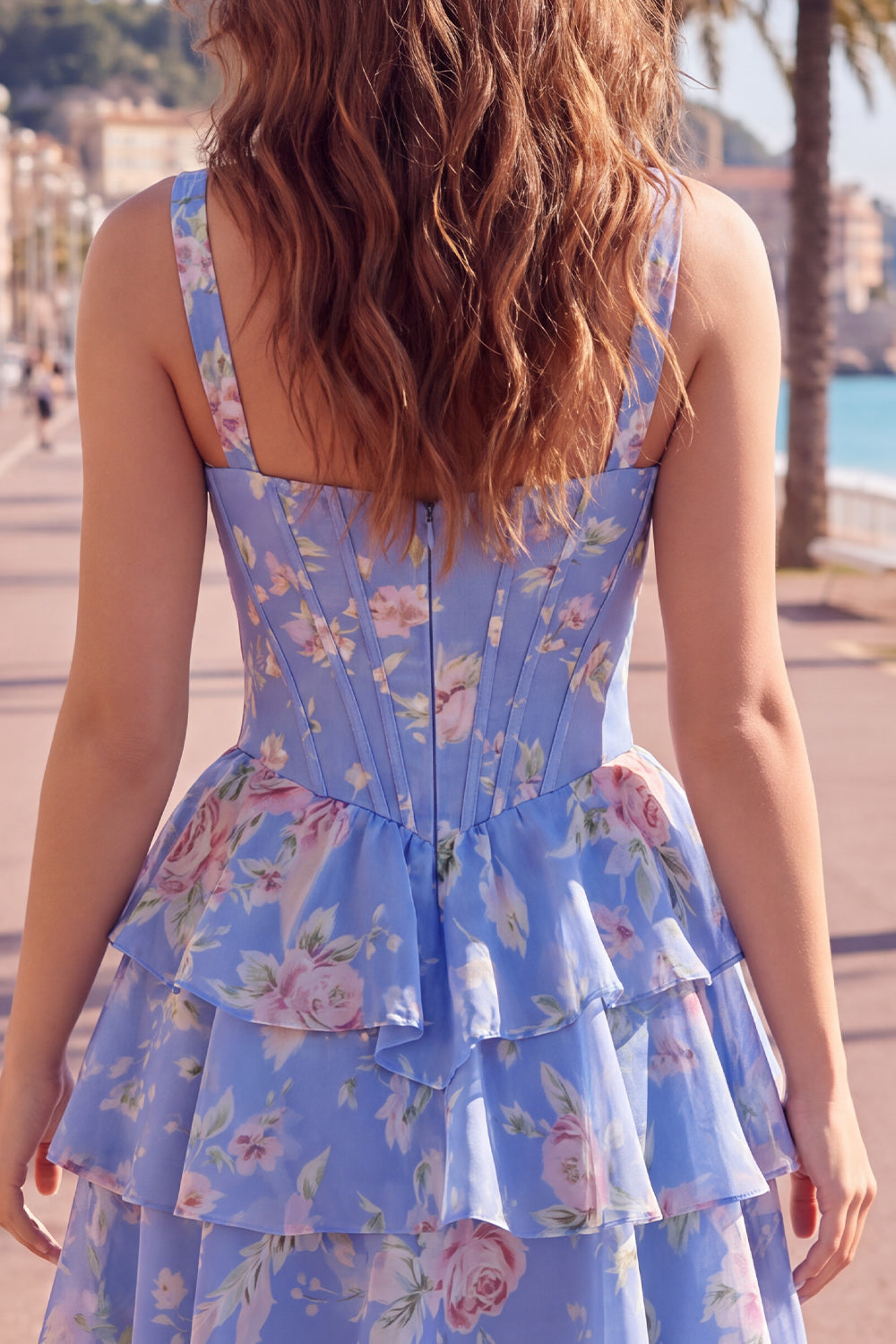 Blue Chiffon Corset Tiered Floral A-Line Square Neck Short Homecoming Dress