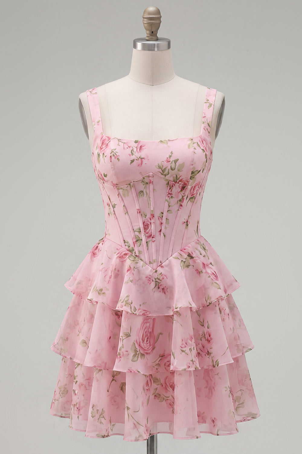 Blue Chiffon Corset Tiered Floral A-Line Square Neck Short Homecoming Dress