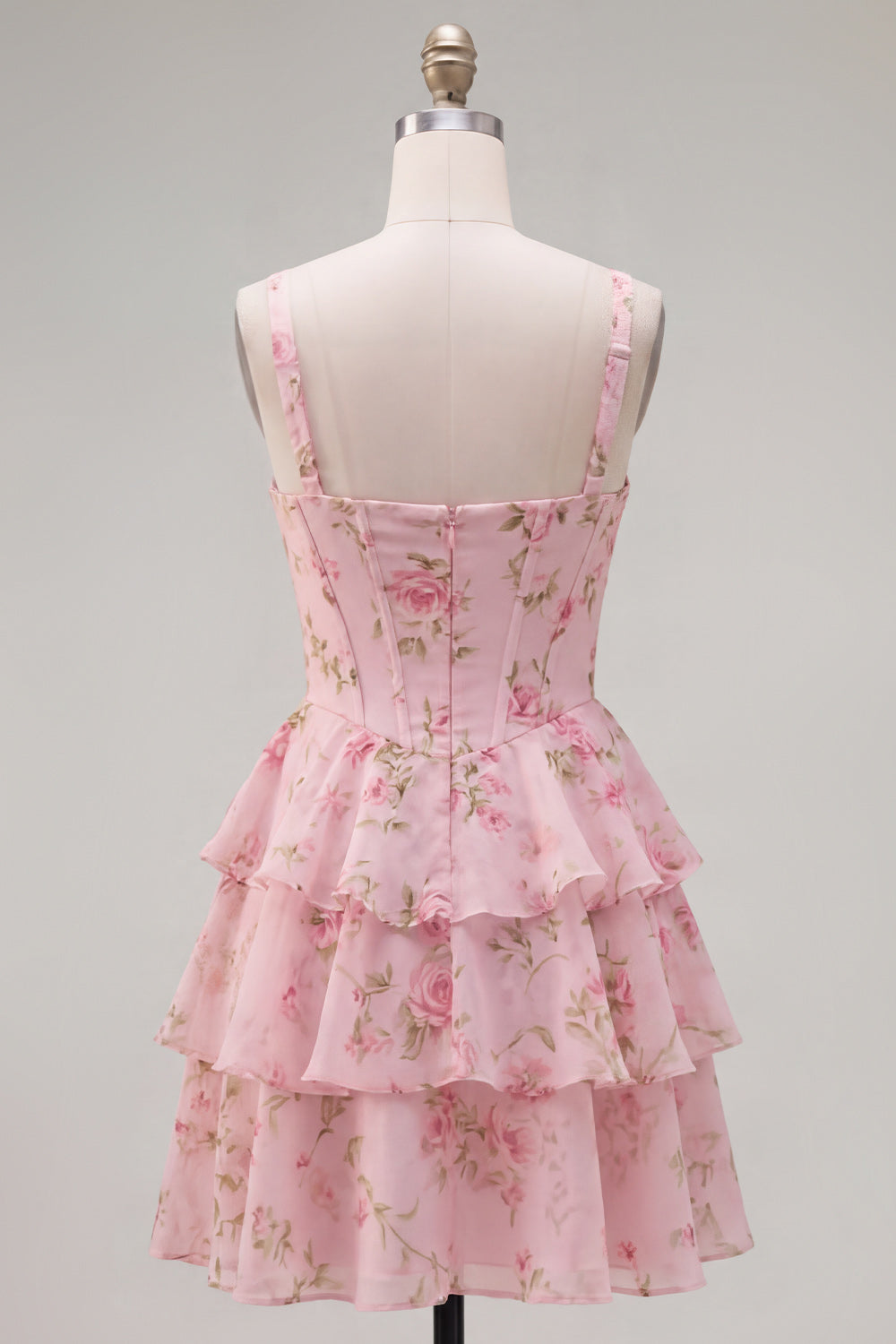 Blue Chiffon Corset Tiered Floral A-Line Square Neck Short Homecoming Dress