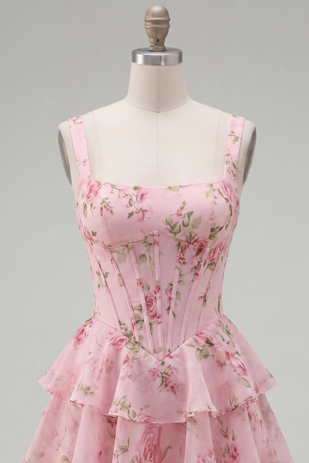 Blue Chiffon Corset Tiered Floral A-Line Square Neck Short Homecoming Dress