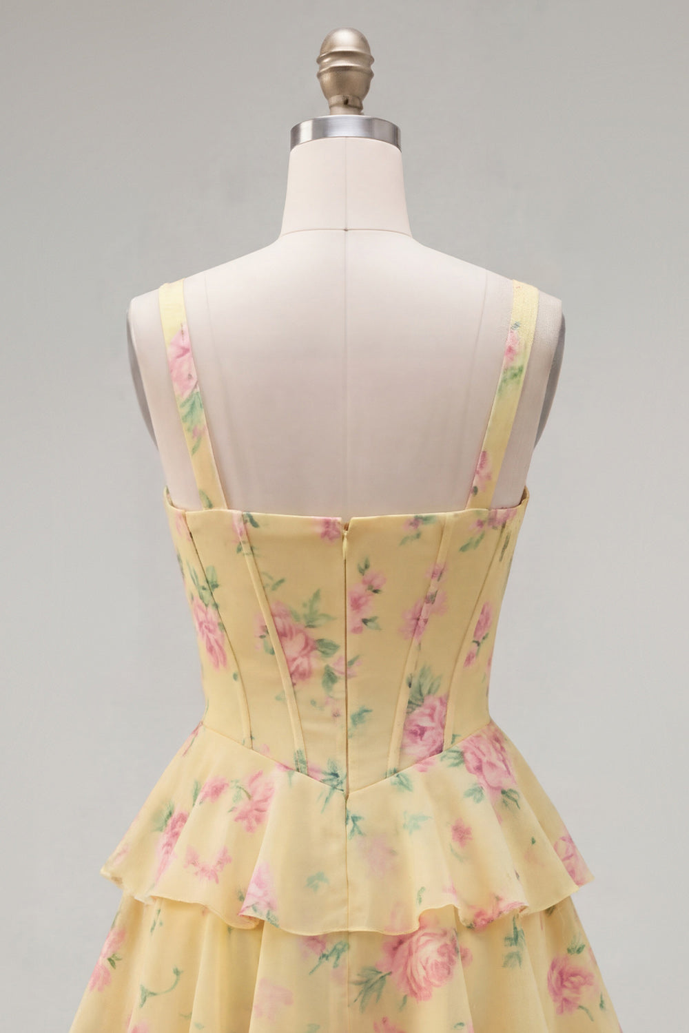 Blue Chiffon Corset Tiered Floral A-Line Square Neck Short Homecoming Dress