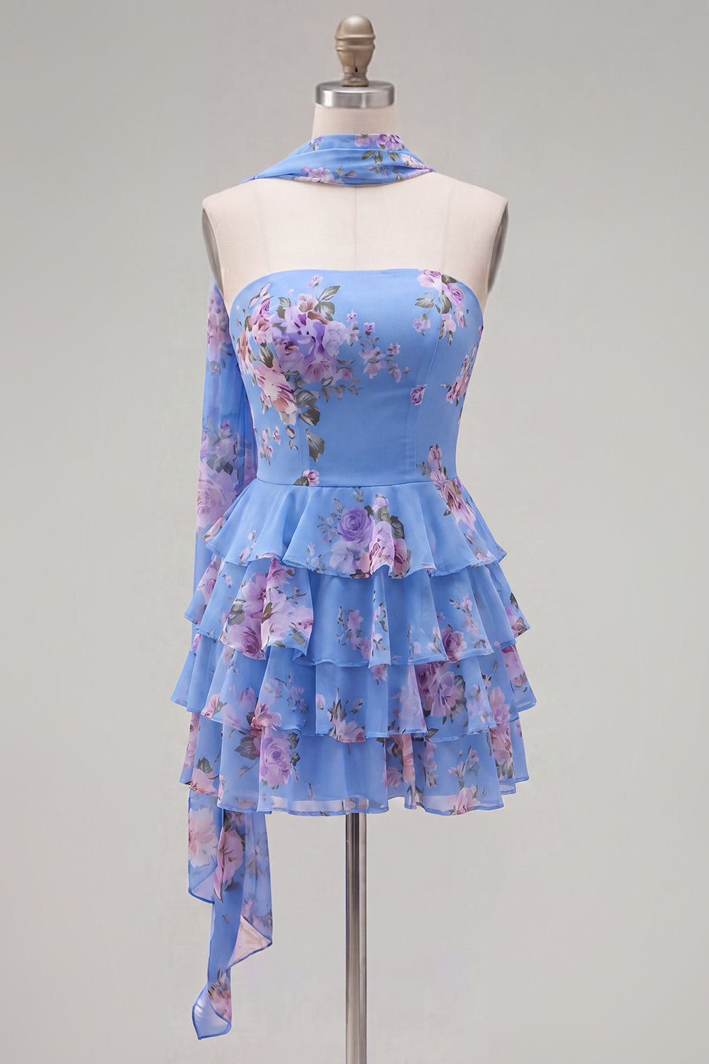 Yellow Strapless Tiered Floral A-Line Ruffle Short Homecoming Dress