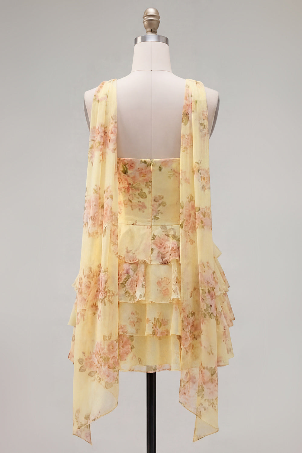 Yellow Strapless Tiered Floral A-Line Ruffle Short Homecoming Dress