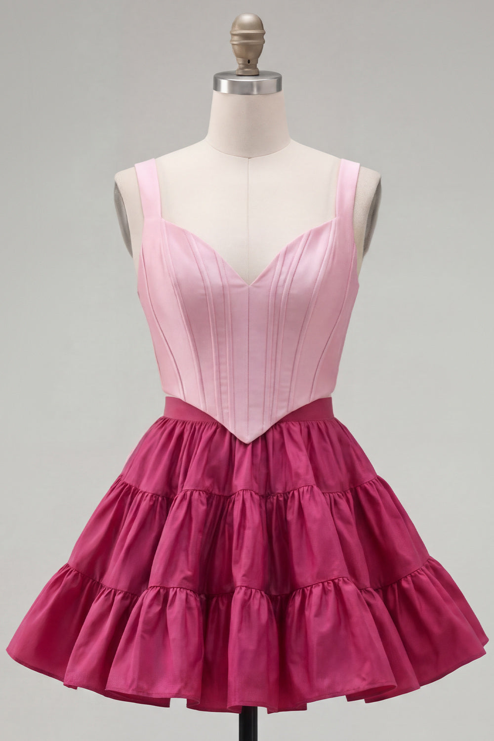 Pink Fuchsia A-Line Corset 2 Piece Thick Straps Short Homecoming Dress with Ruffles