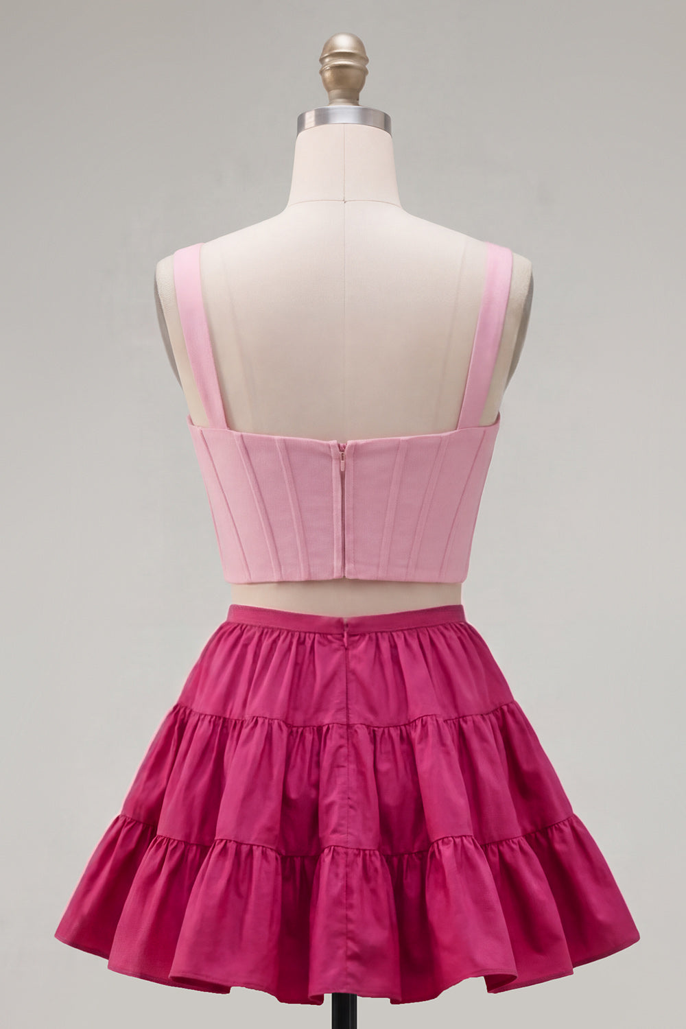 Pink Fuchsia A-Line Corset 2 Piece Thick Straps Short Homecoming Dress with Ruffles