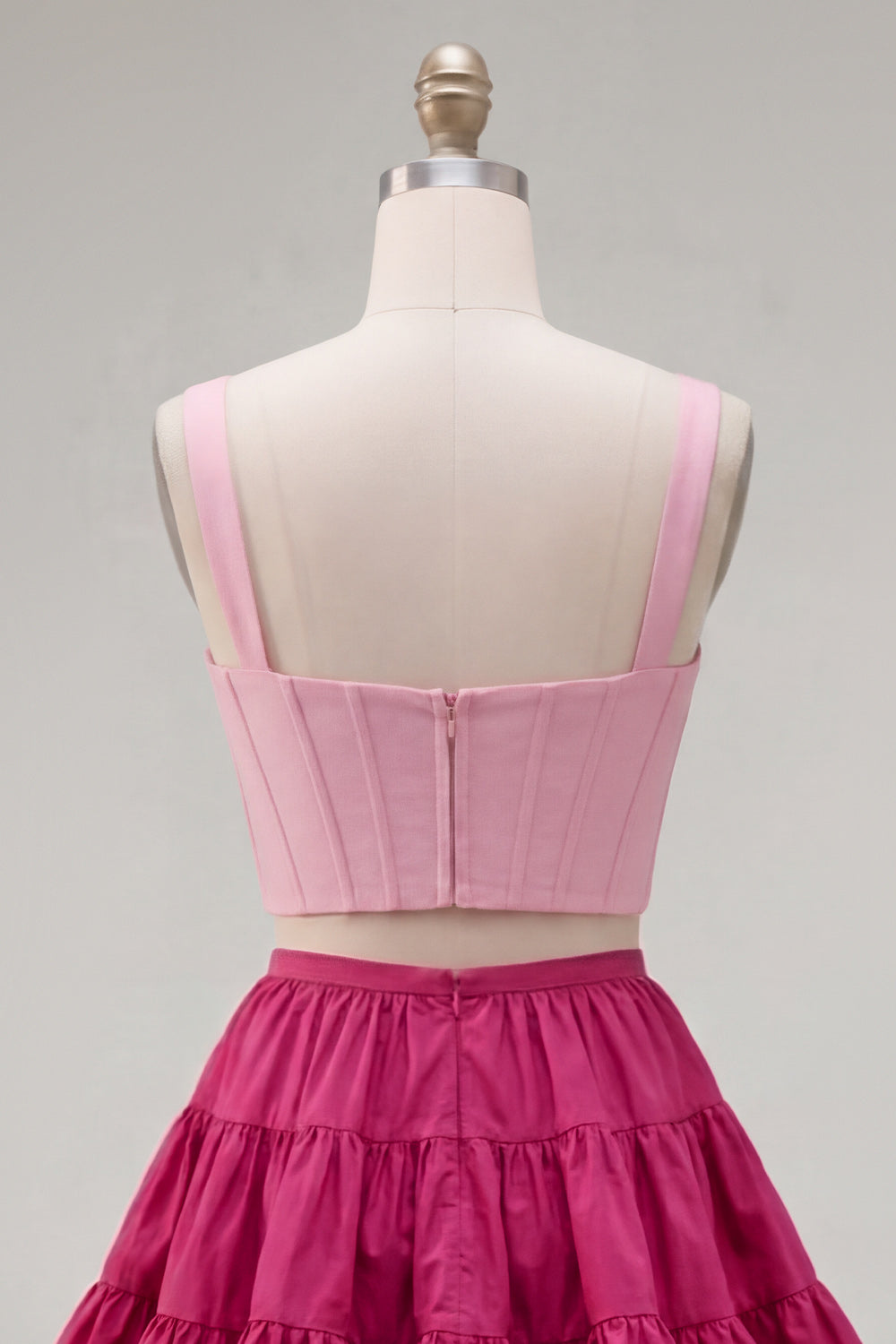 Pink Fuchsia A-Line Corset 2 Piece Thick Straps Short Homecoming Dress with Ruffles