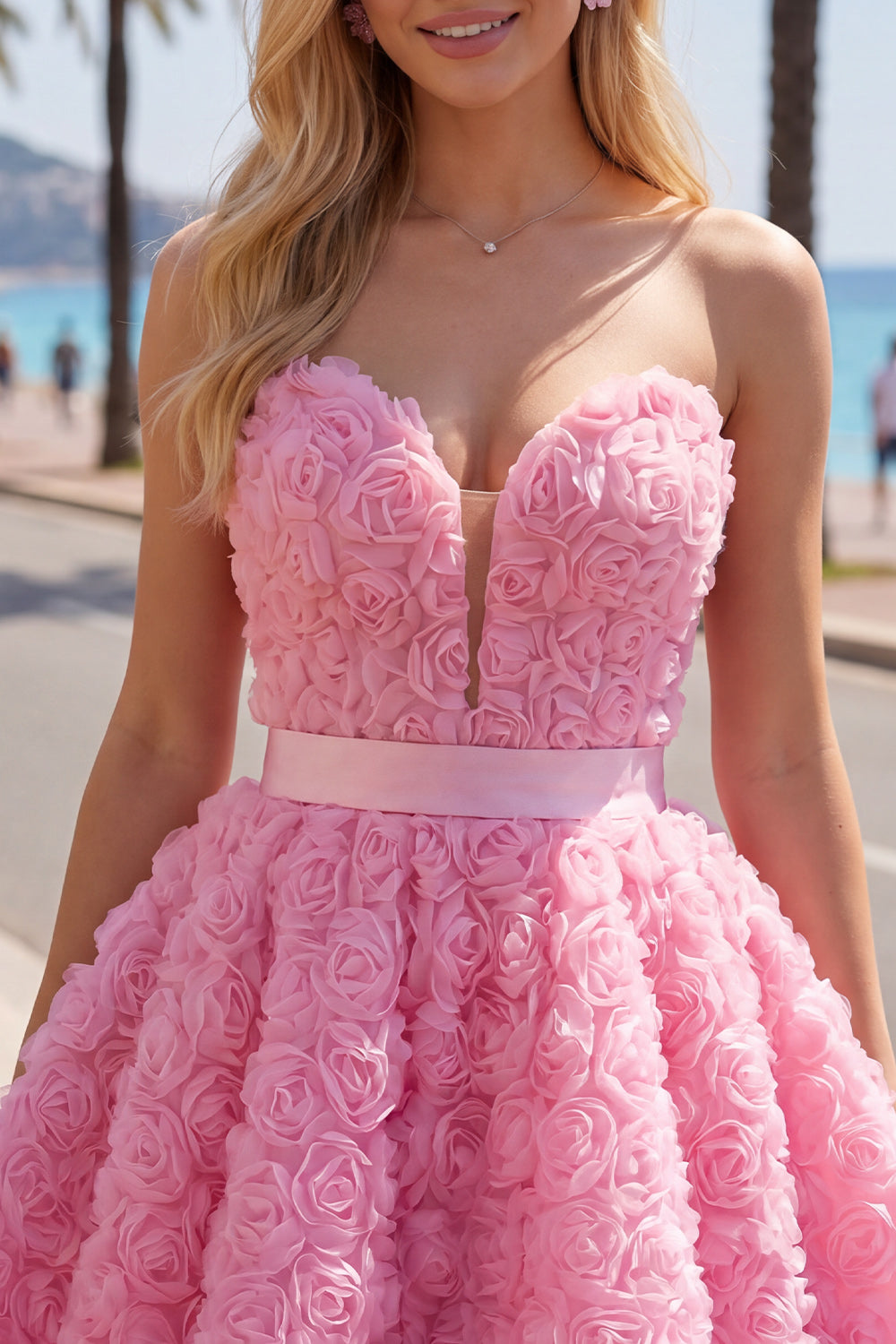 Sweetheart Pink A-Line 3D Floral Short Homecoming Dress with Lace Up Back