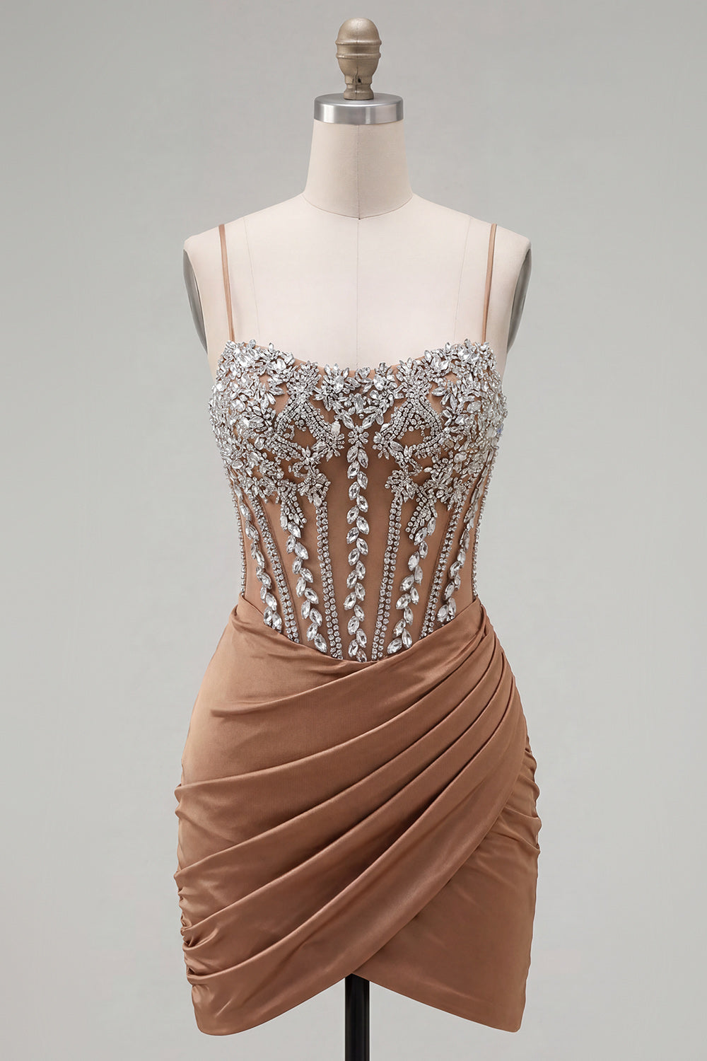 Khaki Bodycon Ruched Spaghetti Straps Lace Up Back Homecoming Dress with Beading
