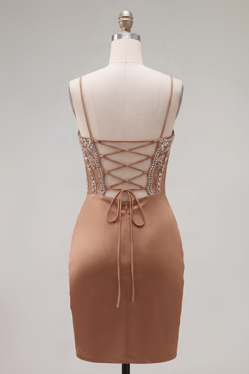 Khaki Bodycon Ruched Spaghetti Straps Lace Up Back Homecoming Dress with Beading