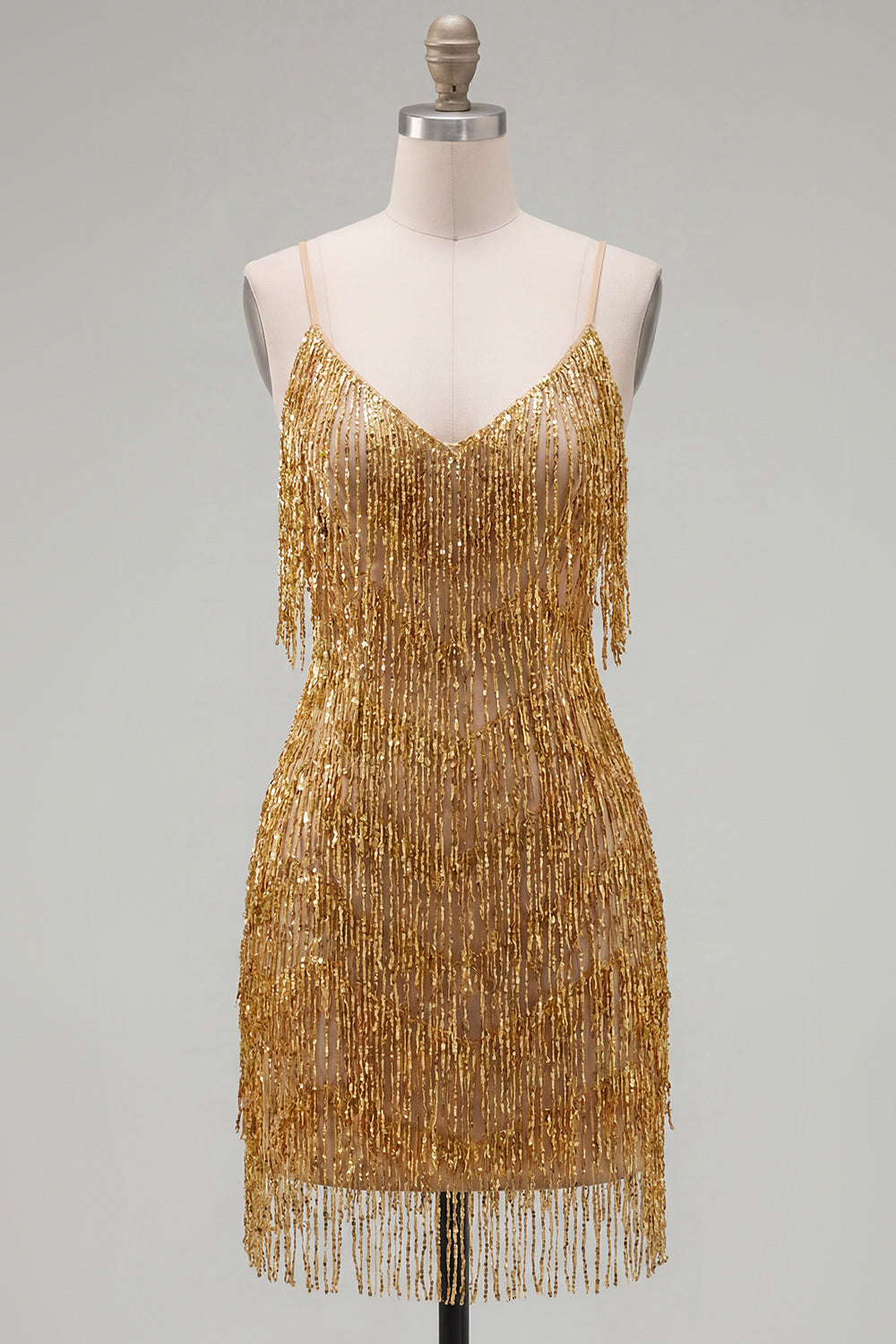 Golden Bodycon Spaghetti Straps Short Homecoming Dress with Fringes