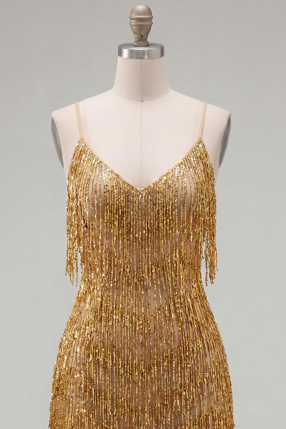 Golden Bodycon Spaghetti Straps Short Homecoming Dress with Fringes