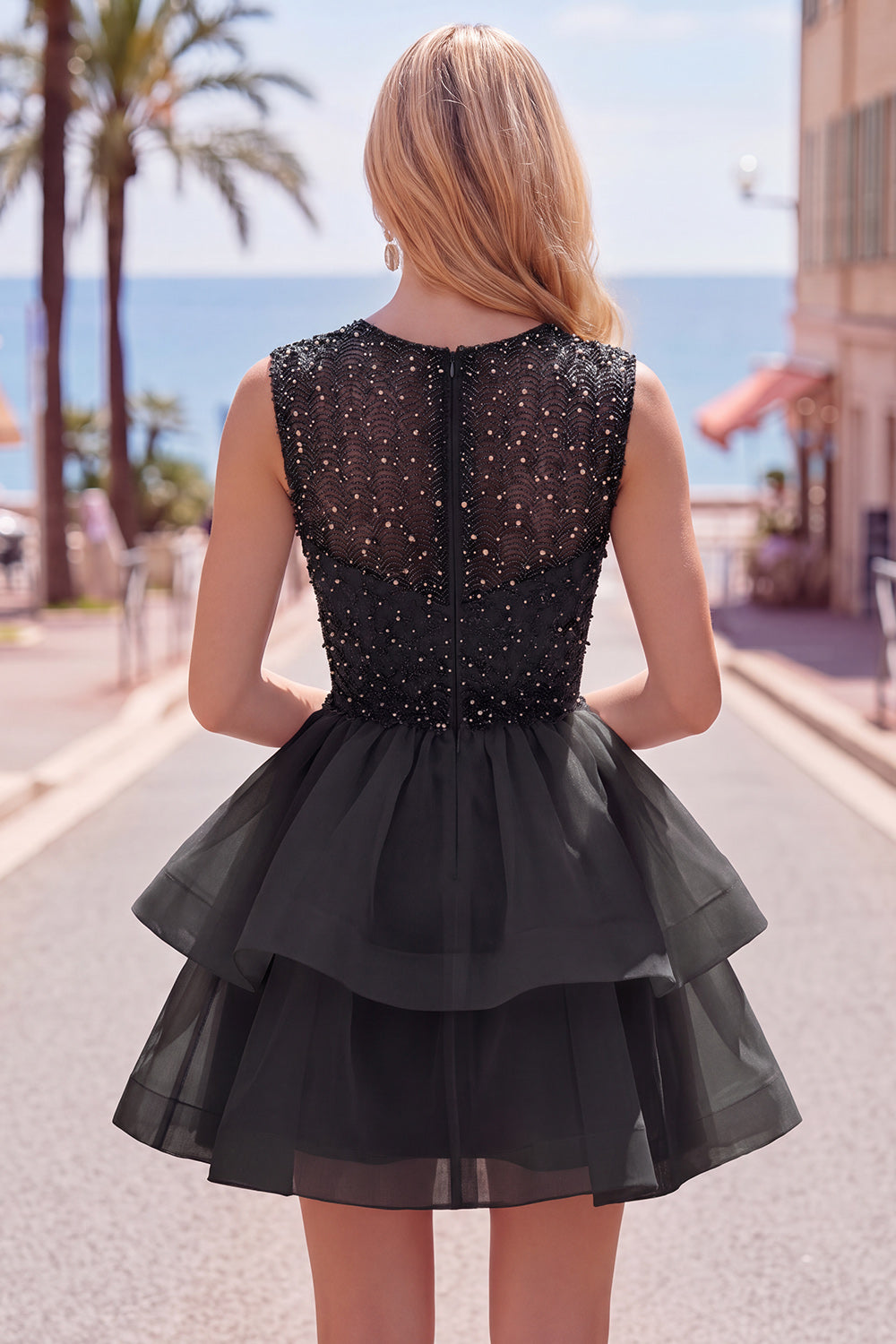 Yellow A-Line Round Neck Tiered Short Homecoming Dress with Pearls